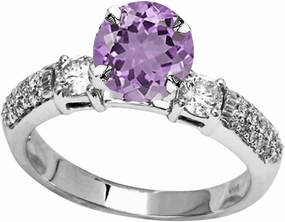 1.55 Carat t.w 14K White Gold Three Row Bostonian 3 Stone Pave Set Diamond Engagement Ring w/a 1 Carat Round Cut Purple Amethyst Heirloom Quality