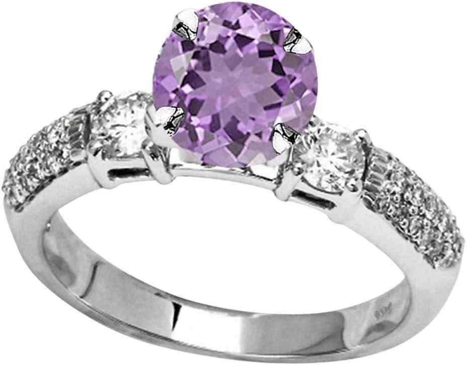 1.55 Carat t.w 14K White Gold Three Row Bostonian 3 Stone Pave Set Diamond Engagement Ring w/a 1 Carat Round Cut Purple Amethyst Heirloom Quality