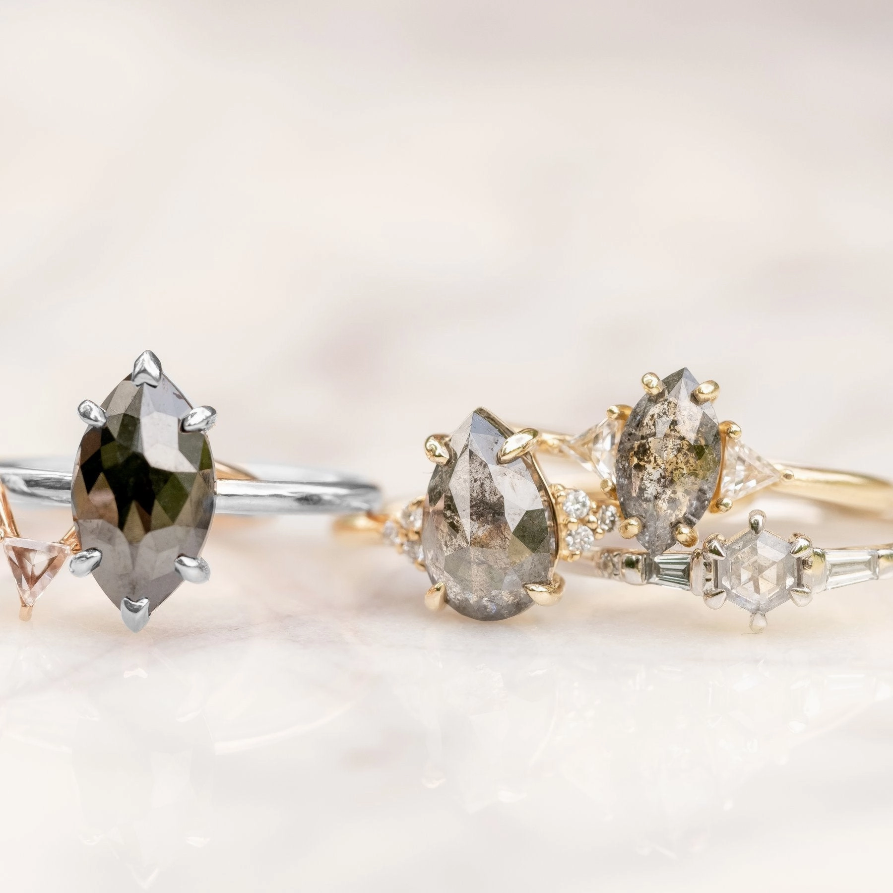 1.71 Carat Black Marquise Diamond Engagement Ring, Jane Setting, 14K White Gold