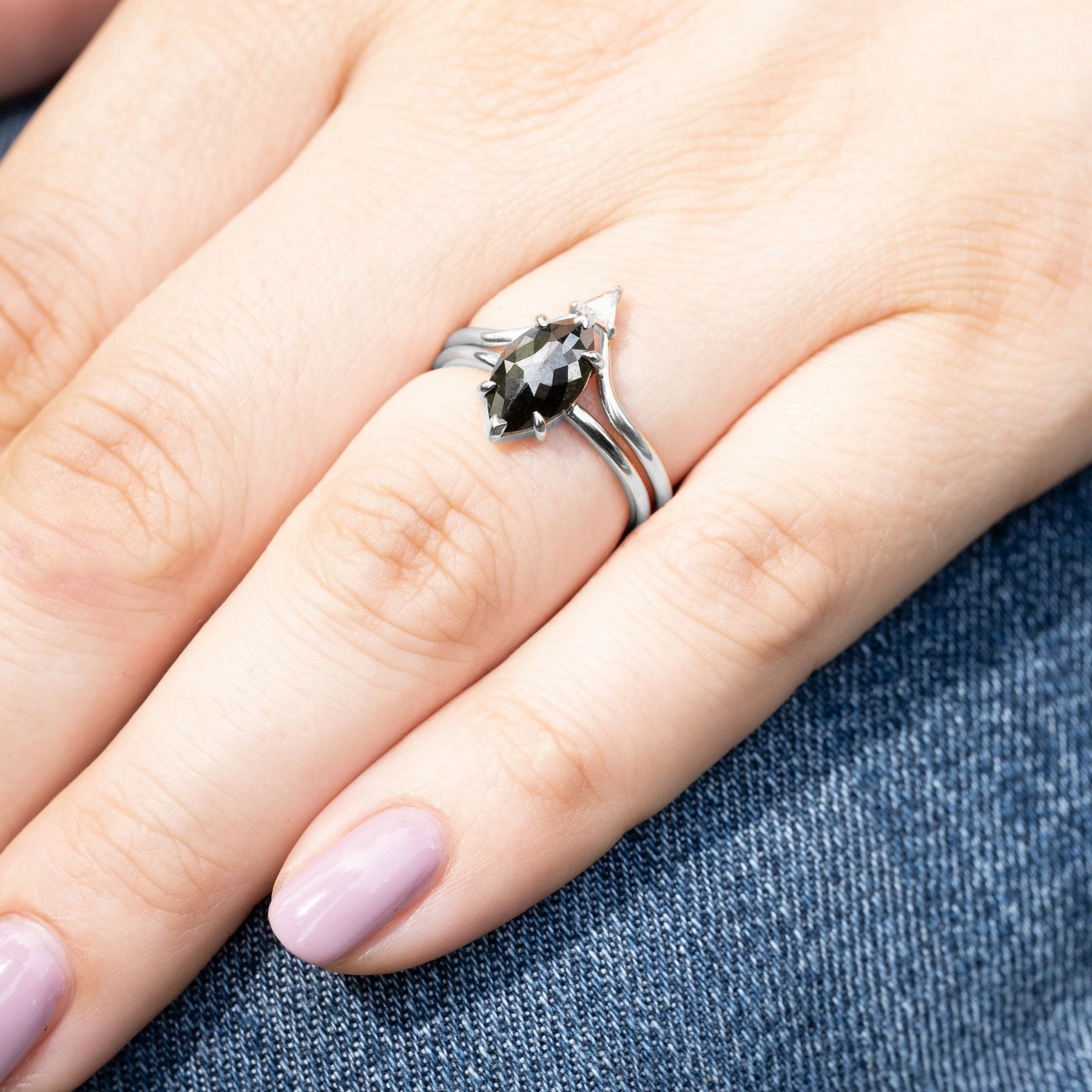 1.71 Carat Black Marquise Diamond Engagement Ring, Jane Setting, 14K White Gold