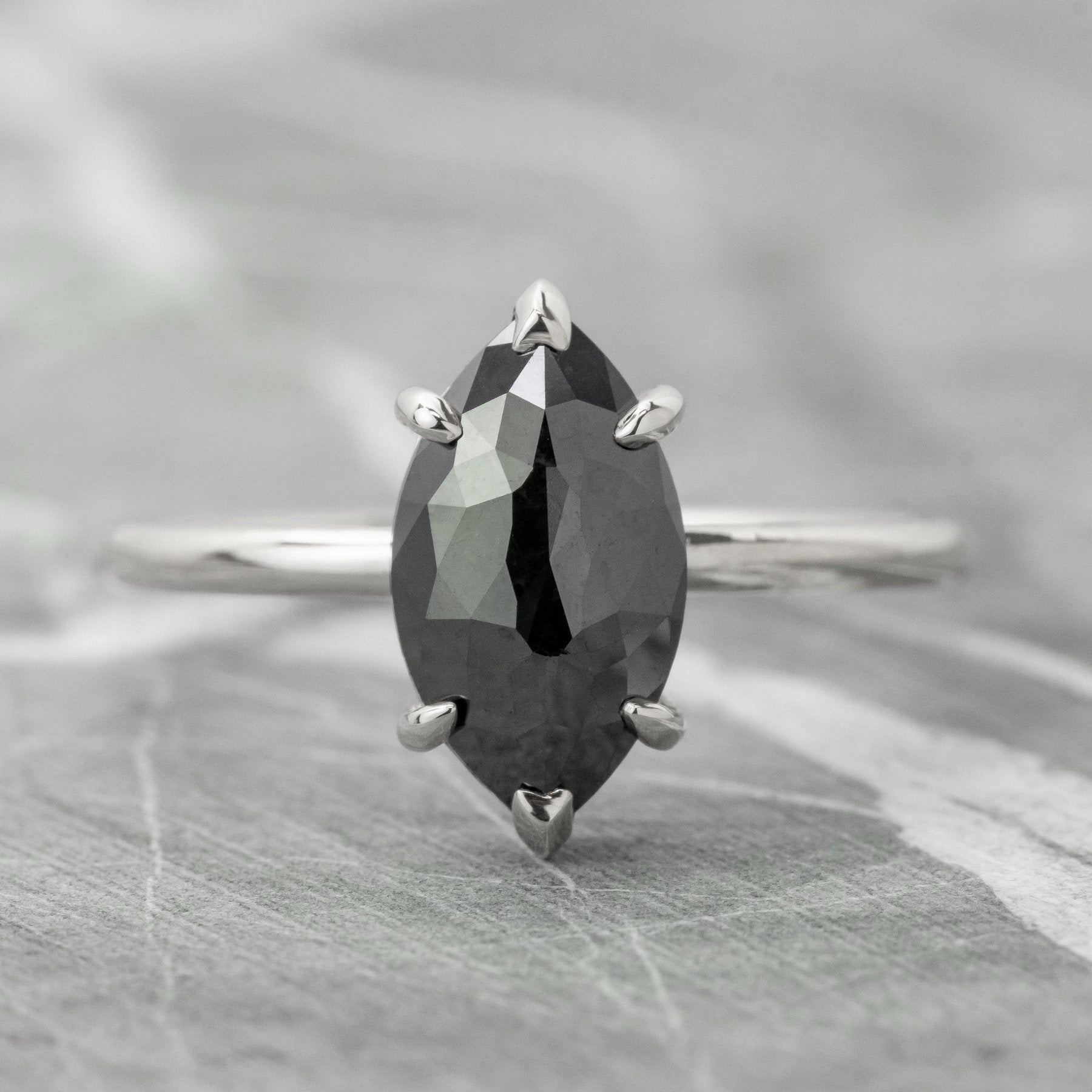 1.71 Carat Black Marquise Diamond Engagement Ring, Jane Setting, 14K White Gold