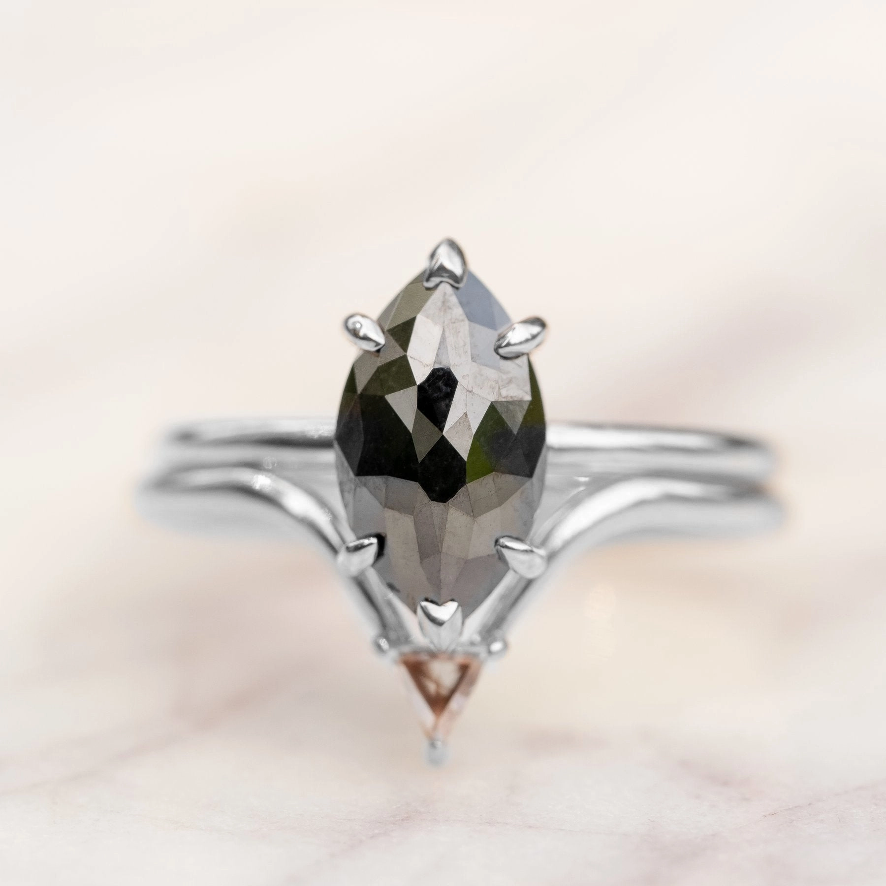 1.71 Carat Black Marquise Diamond Engagement Ring, Jane Setting, 14K White Gold