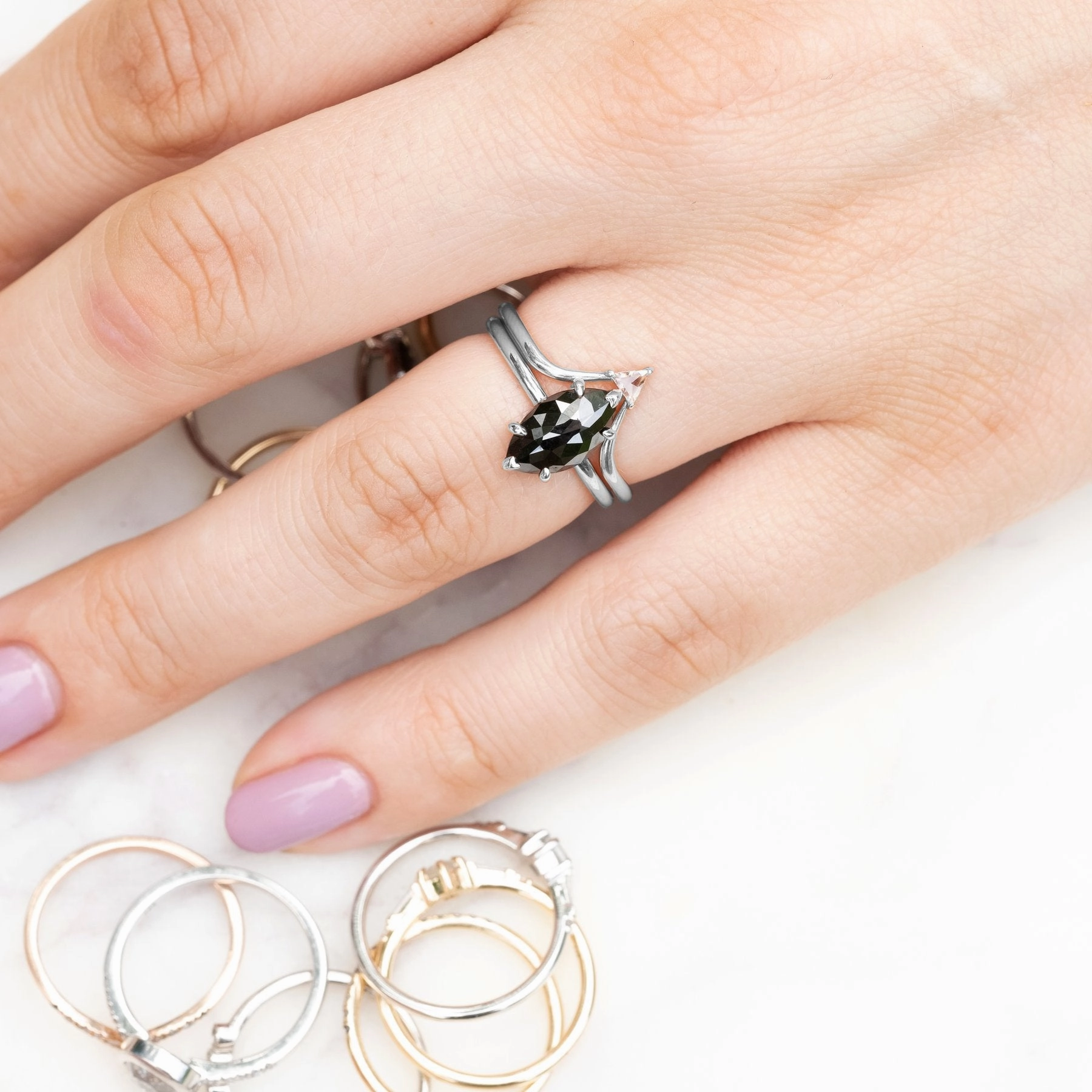 1.71 Carat Black Marquise Diamond Engagement Ring, Jane Setting, 14K White Gold