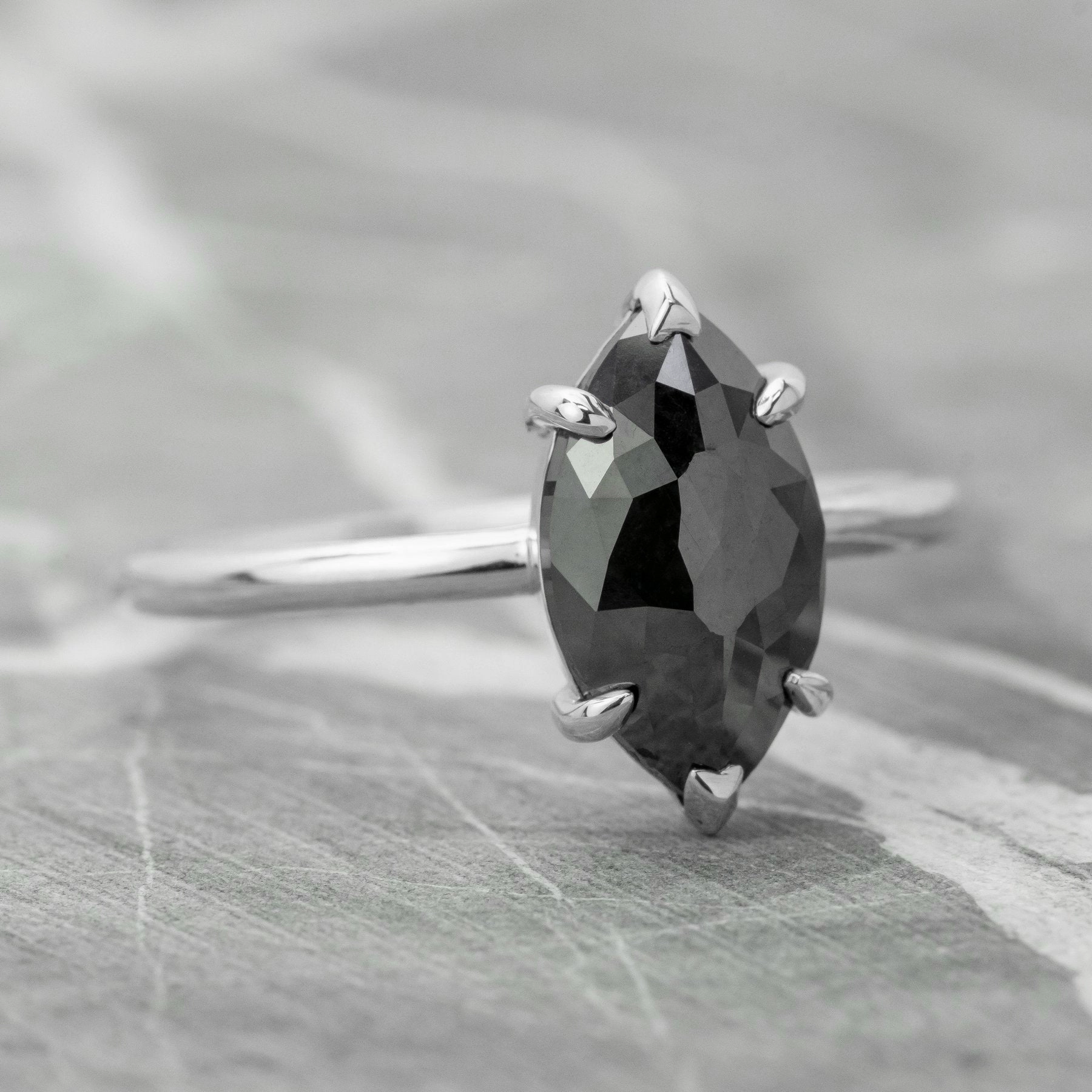 1.71 Carat Black Marquise Diamond Engagement Ring, Jane Setting, 14K White Gold