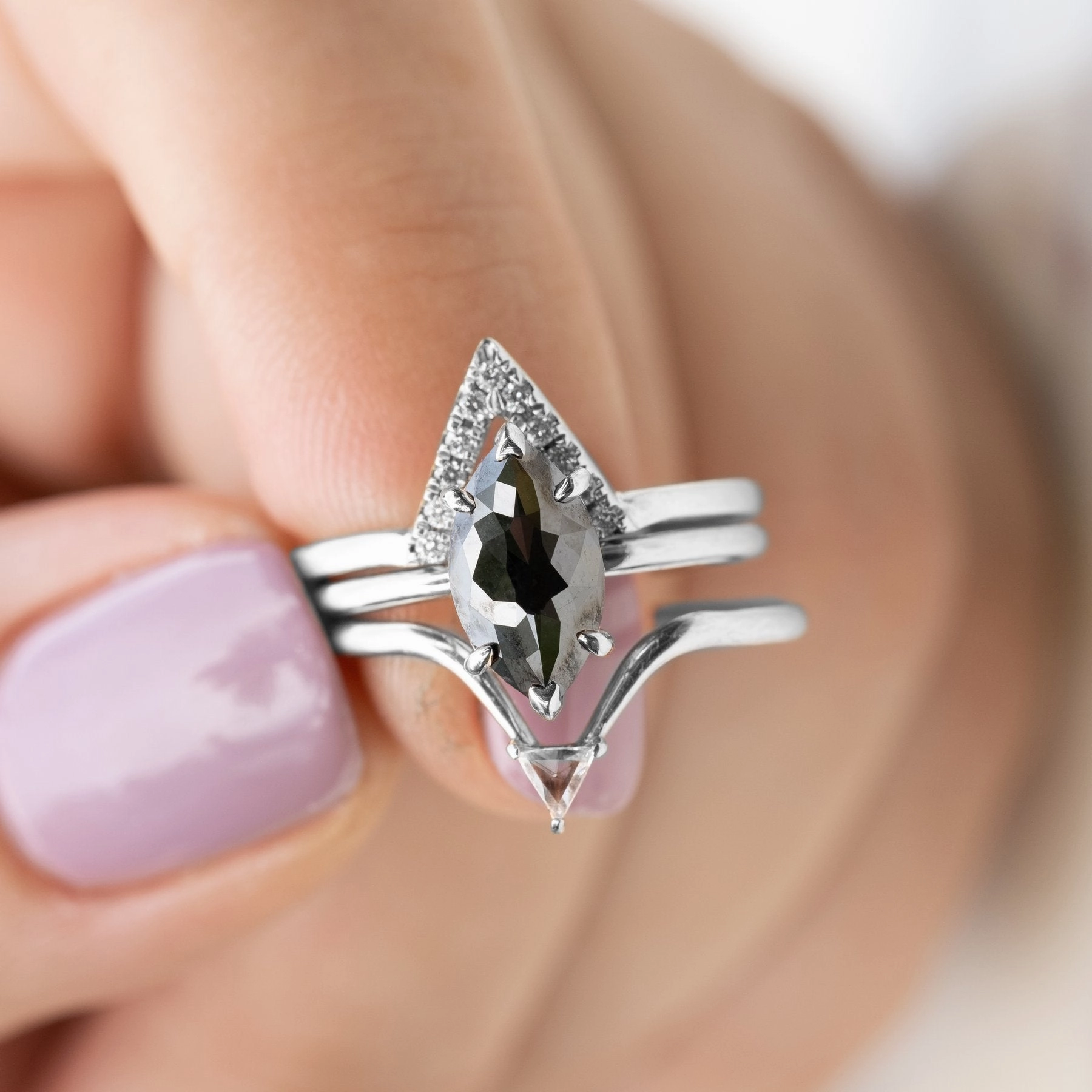 1.71 Carat Black Marquise Diamond Engagement Ring, Jane Setting, 14K White Gold