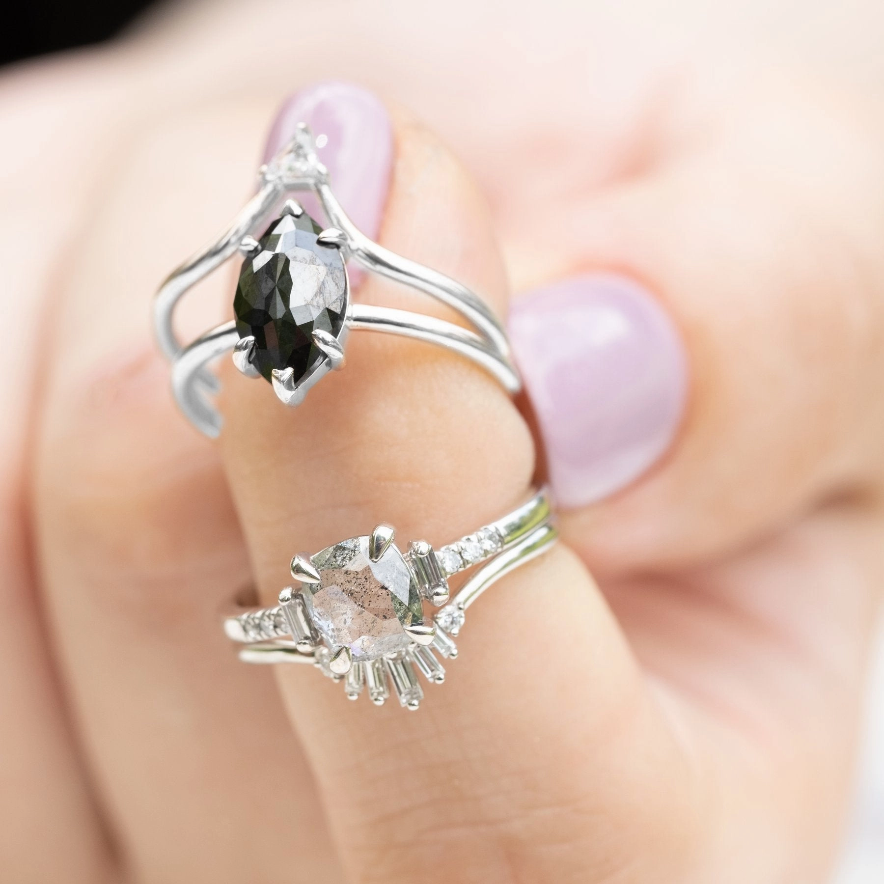 1.71 Carat Black Marquise Diamond Engagement Ring, Jane Setting, 14K White Gold