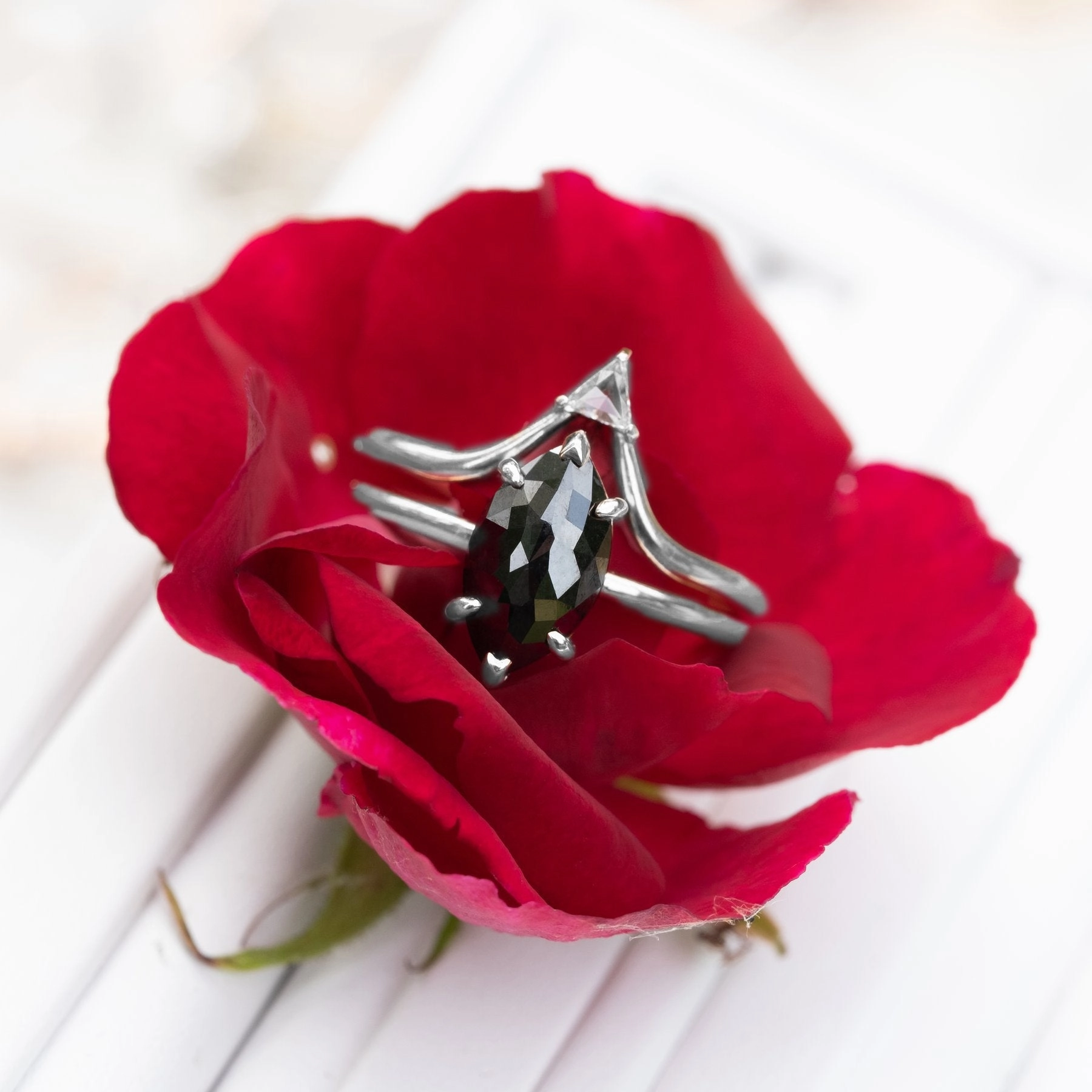 1.71 Carat Black Marquise Diamond Engagement Ring, Jane Setting, 14K White Gold