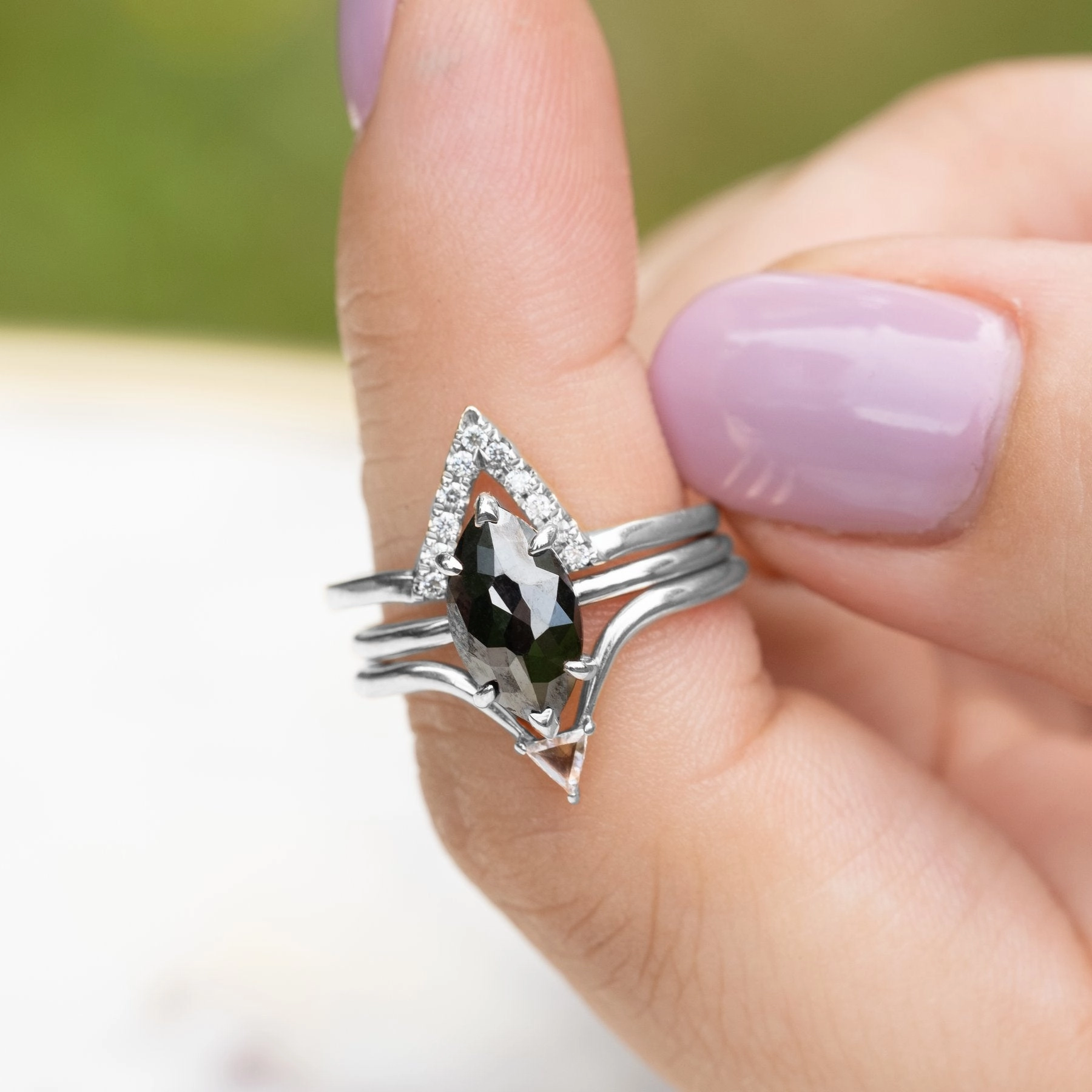 1.71 Carat Black Marquise Diamond Engagement Ring, Jane Setting, 14K White Gold