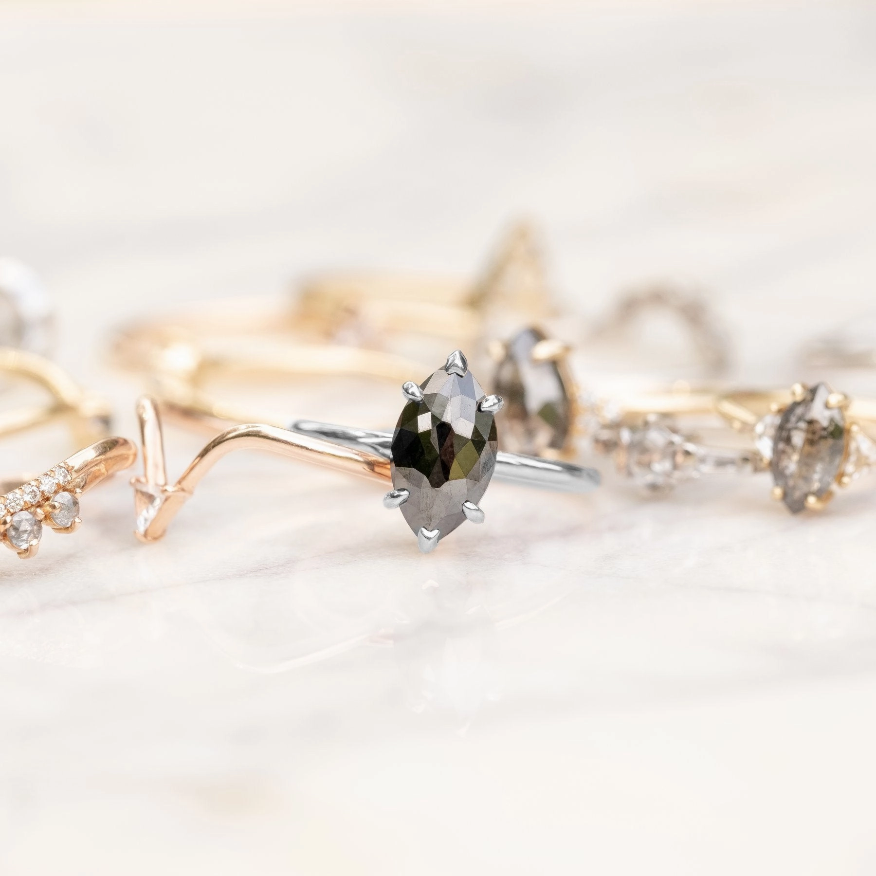 1.71 Carat Black Marquise Diamond Engagement Ring, Jane Setting, 14K White Gold