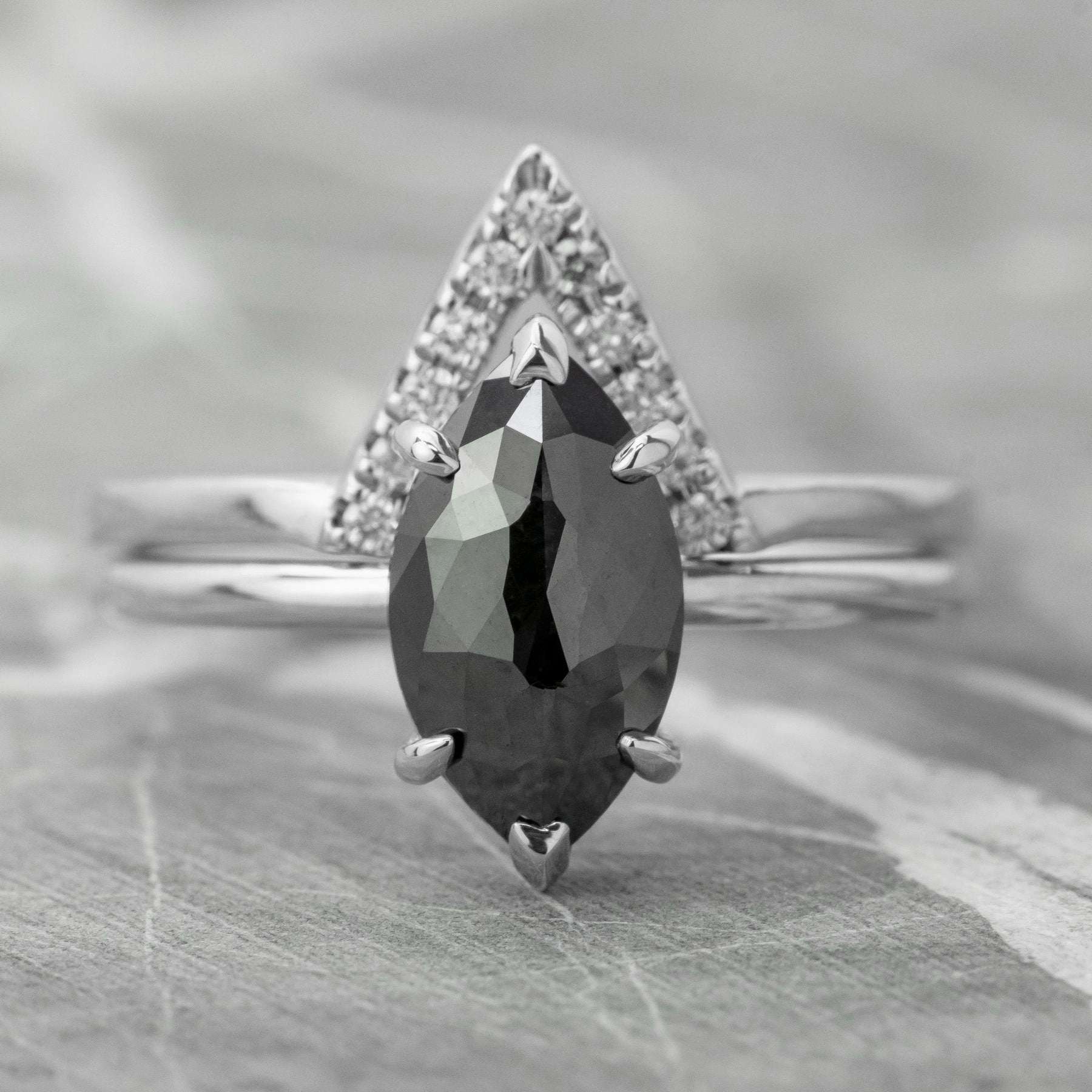 1.71 Carat Black Marquise Diamond Engagement Ring, Jane Setting, 14K White Gold
