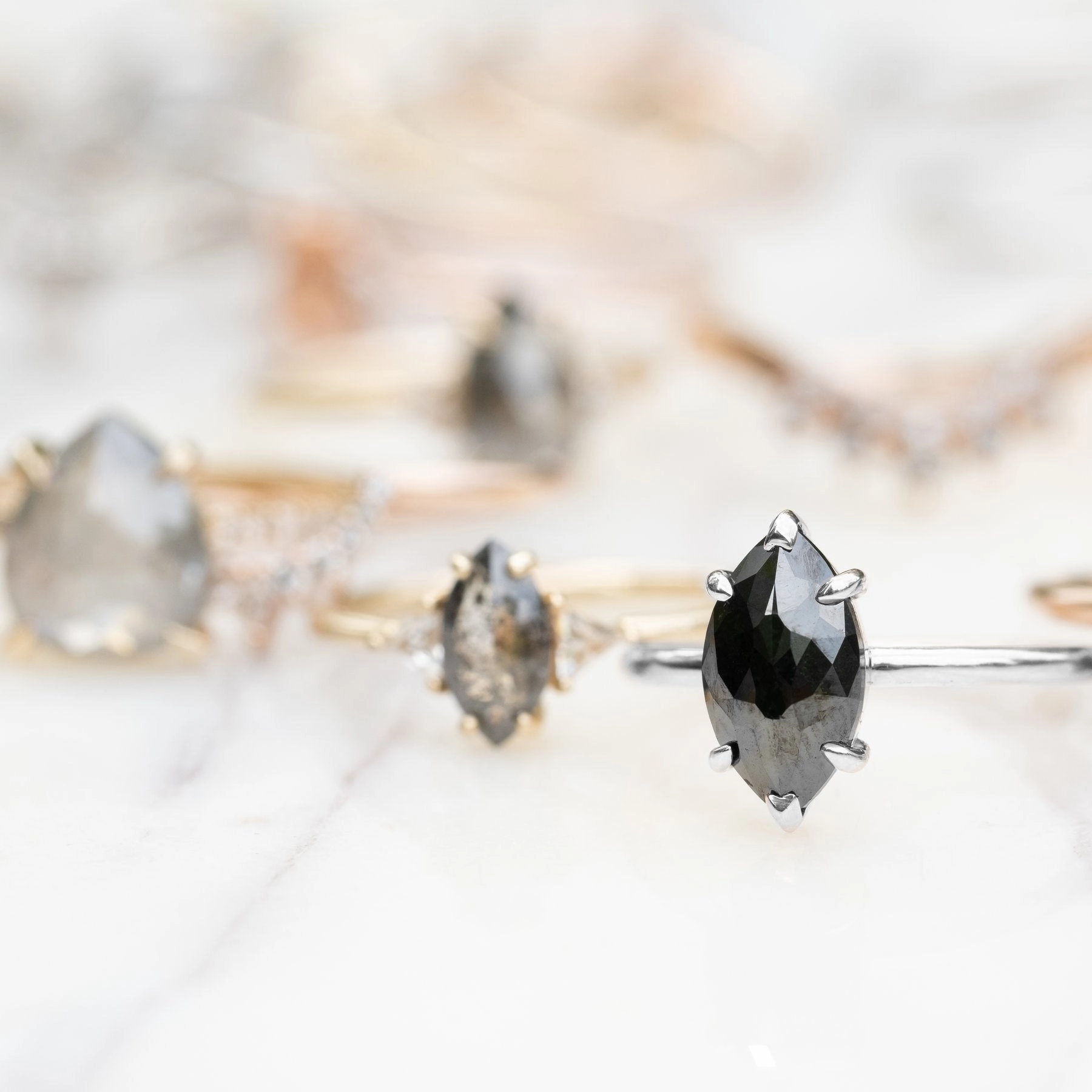 1.71 Carat Black Marquise Diamond Engagement Ring, Jane Setting, 14K White Gold