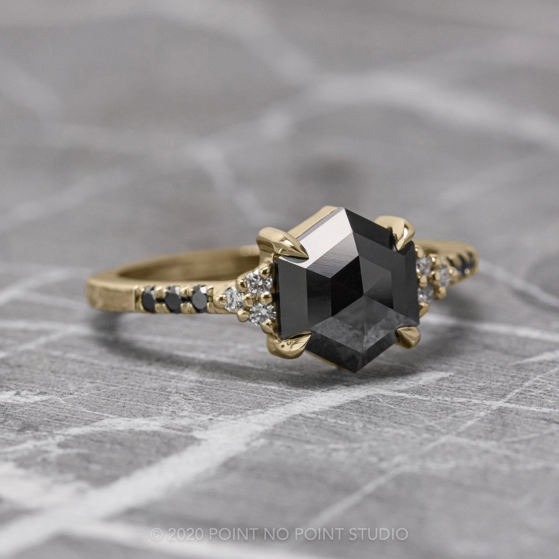 1.72 Carat Black Hexagon Diamond Engagement Ring, Quincy Setting, 14K Yellow Gold
