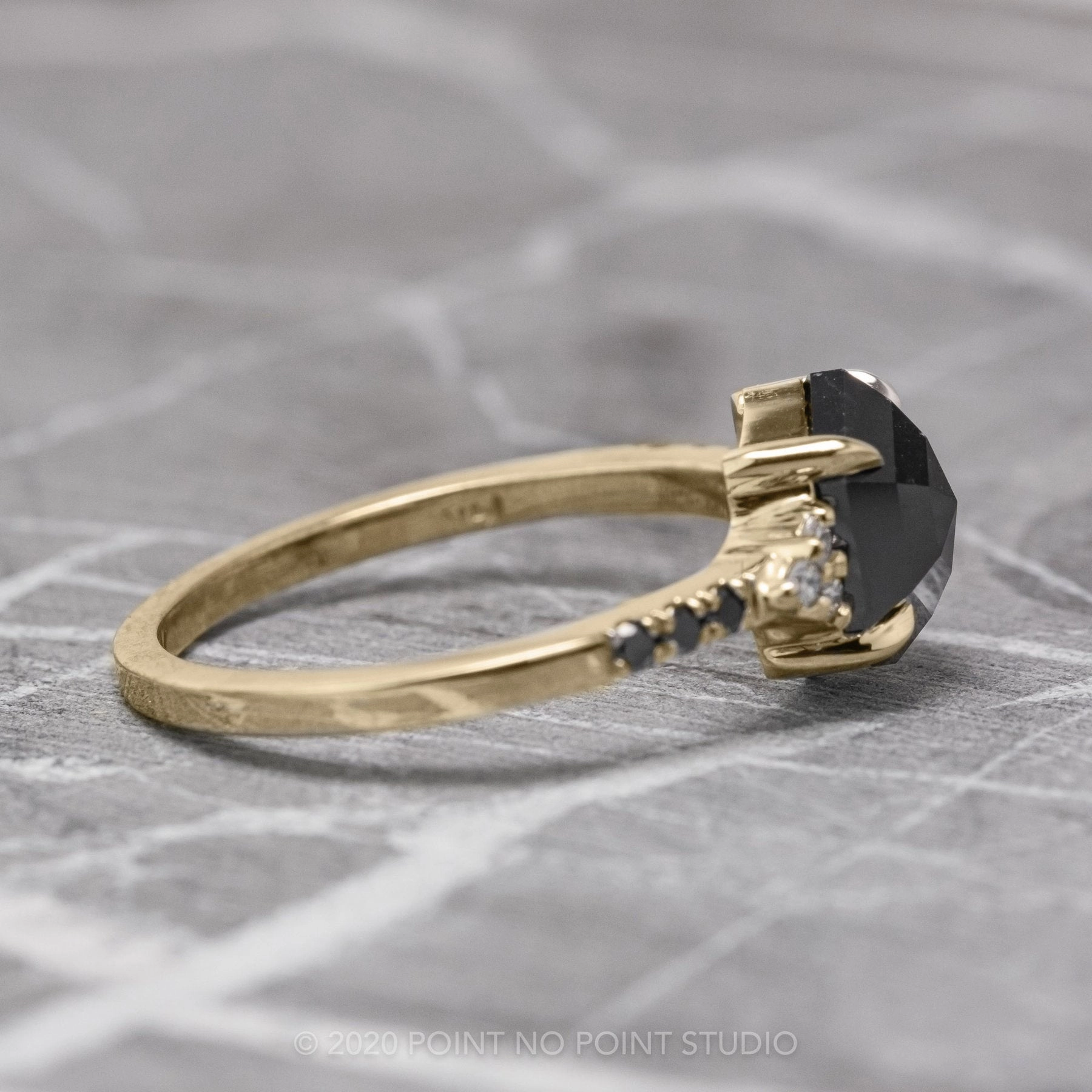 1.72 Carat Black Hexagon Diamond Engagement Ring, Quincy Setting, 14K Yellow Gold