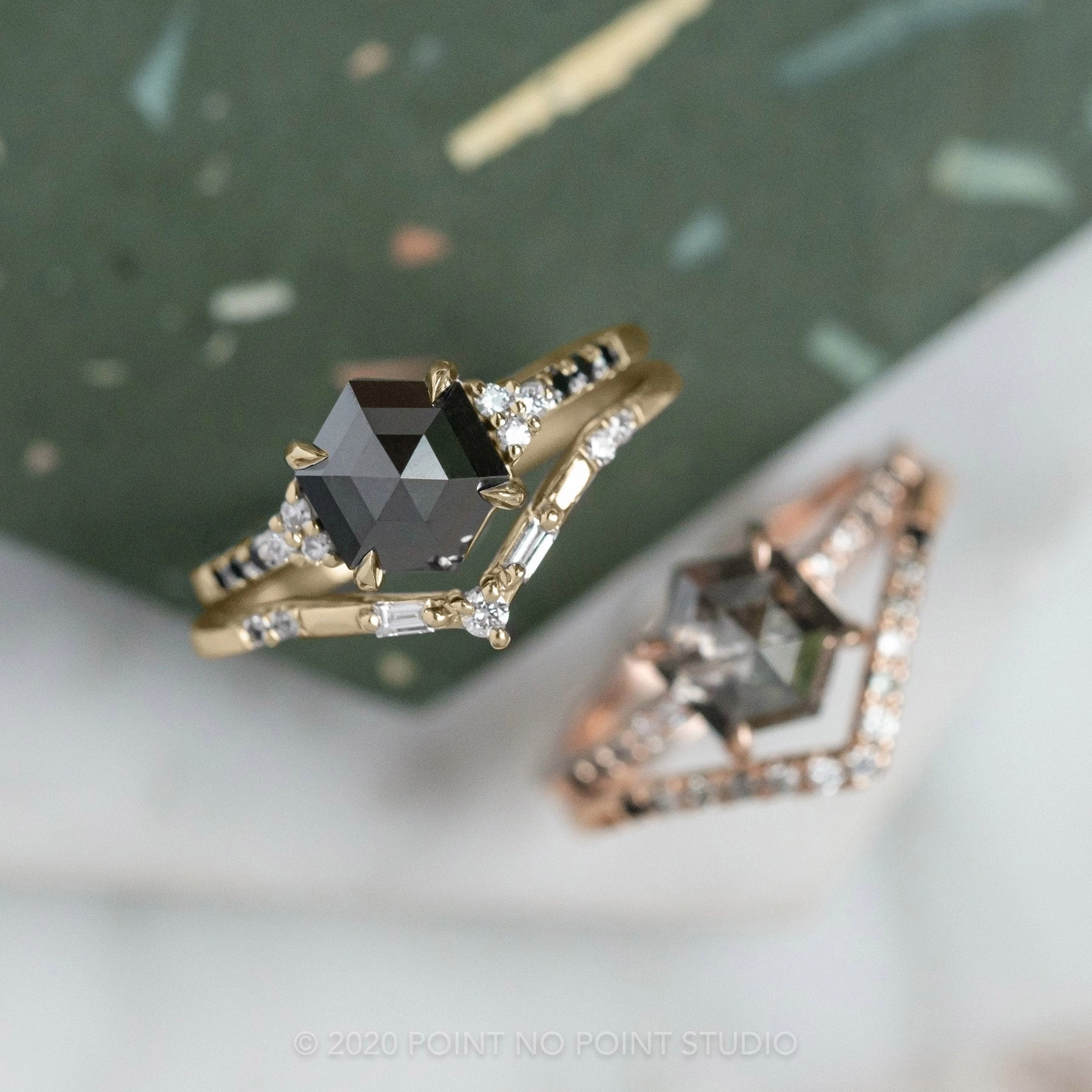 1.72 Carat Black Hexagon Diamond Engagement Ring, Quincy Setting, 14K Yellow Gold