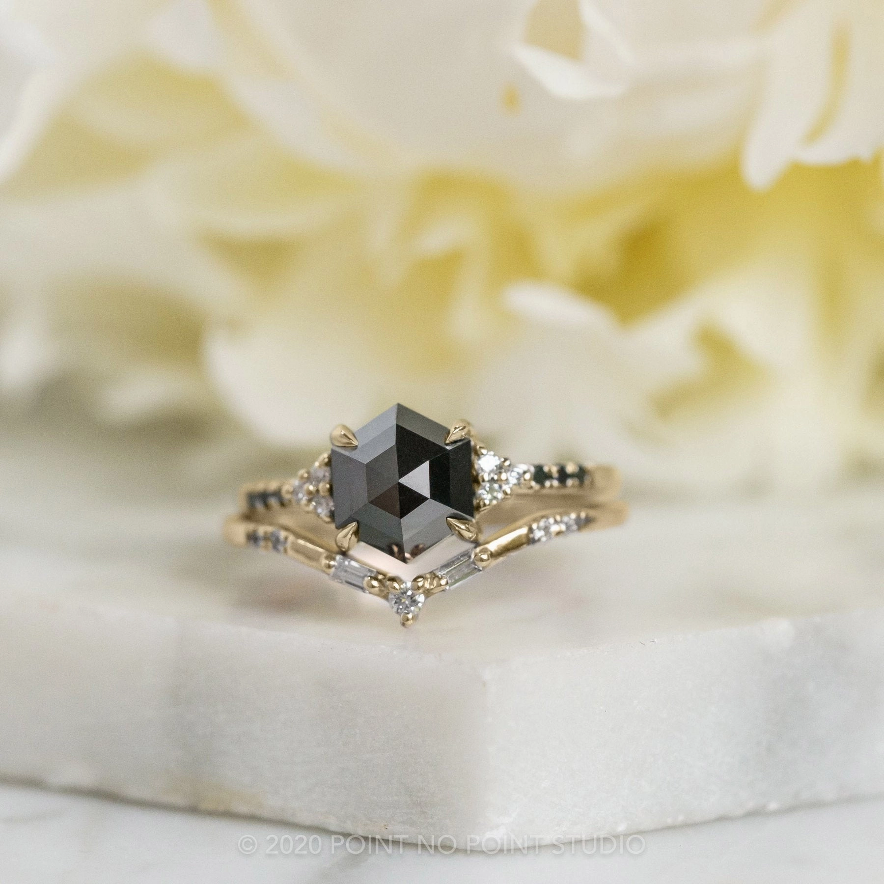 1.72 Carat Black Hexagon Diamond Engagement Ring, Quincy Setting, 14K Yellow Gold