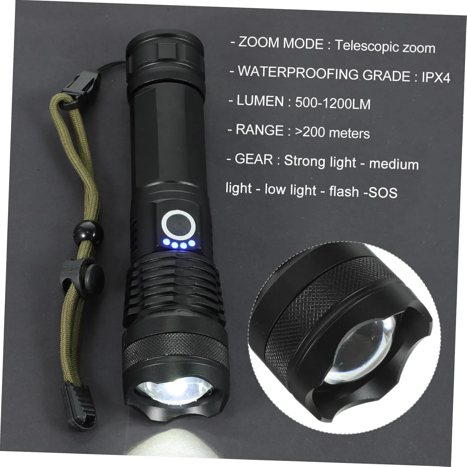 1pc Rechargeable Led Camping Zoomable Spotlight Lantern for Hiking Fishing Emergency Use Lightweight Design Black