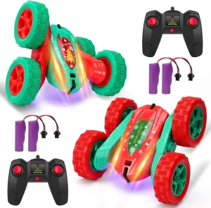 2 Pack Remote Control Car for Kids - RC Stunt Car - 2.4GHz High-Speed Rock Crawler Vehicle - 360 Rotation - 4WD Off-Road Double Sided Rotating Tumbling - Includes 4 Rechargeable Batteries