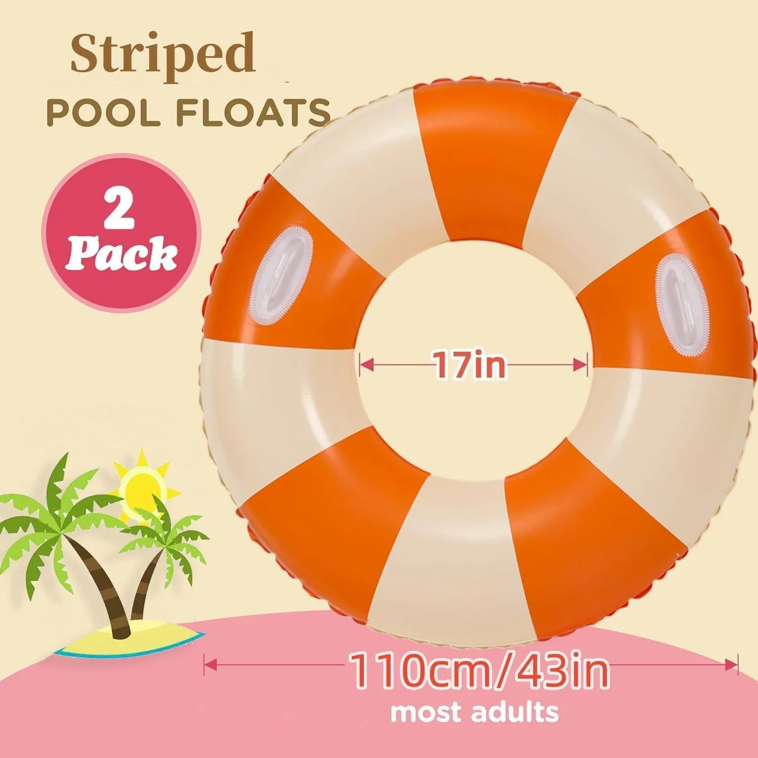 2 PCS Large Inflatable Pool Floats for Adults - Heavy Duty Striped Pool Floats with Handles,Pool Swimming Tubes Swim Rings Tubes Floaties for Beach Pool Party Decorations