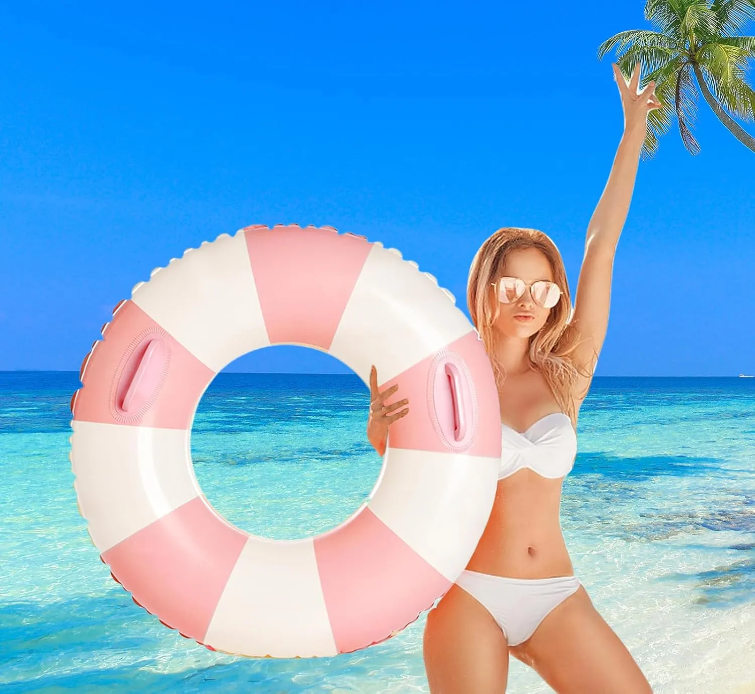 2 PCS Large Inflatable Pool Floats for Adults - Heavy Duty Striped Pool Floats with Handles,Pool Swimming Tubes Swim Rings Tubes Floaties for Beach Pool Party Decorations