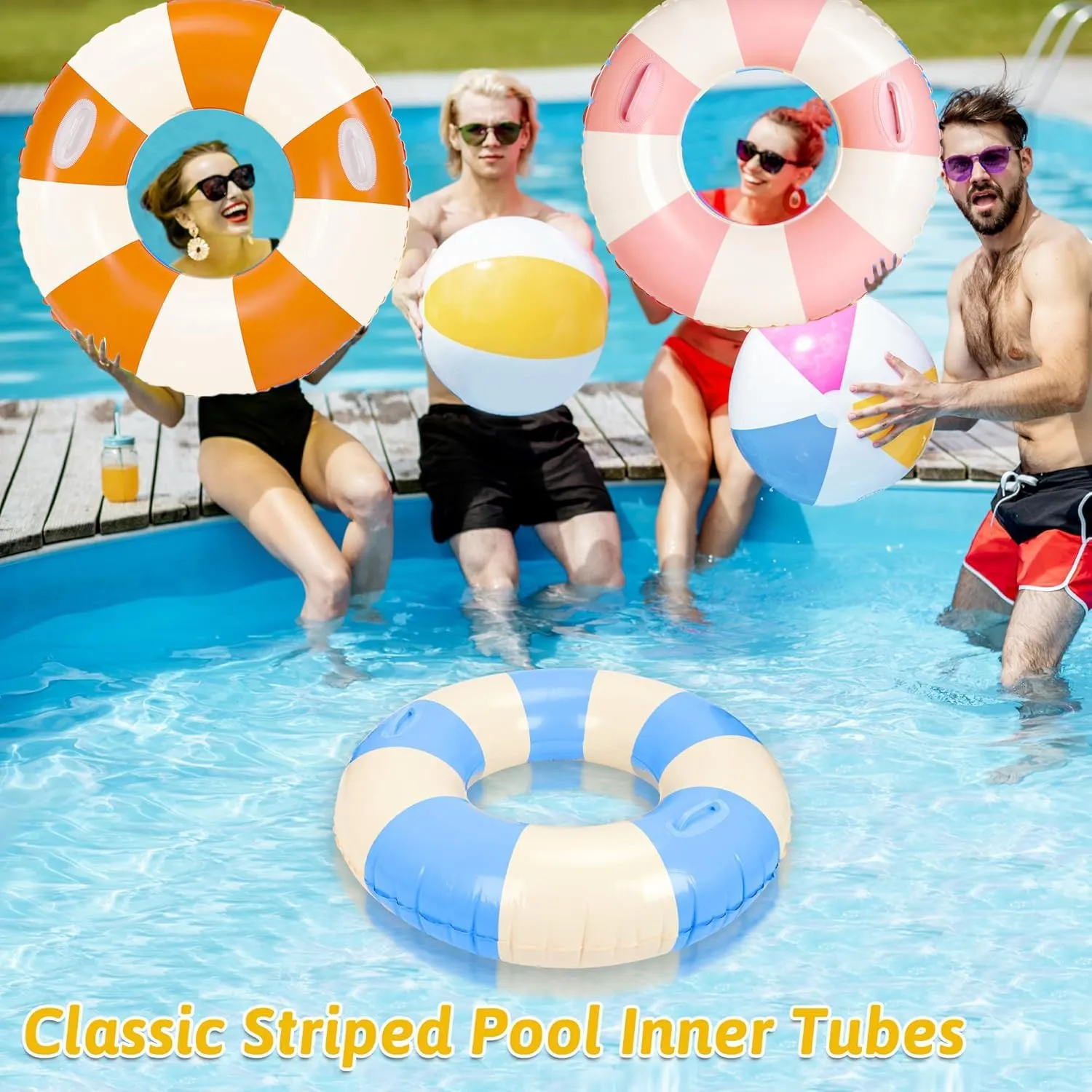 2 PCS Large Inflatable Pool Floats for Adults - Heavy Duty Striped Pool Floats with Handles,Pool Swimming Tubes Swim Rings Tubes Floaties for Beach Pool Party Decorations