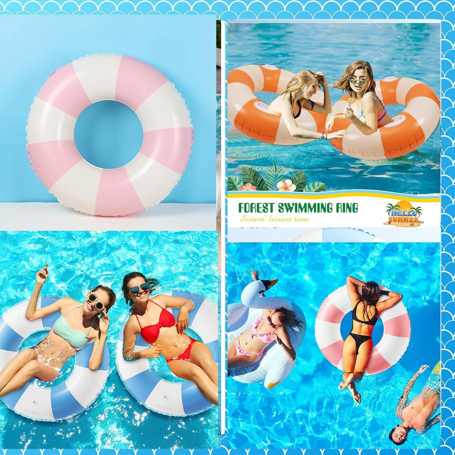 2 PCS Large Inflatable Pool Floats for Adults - Heavy Duty Striped Pool Floats with Handles,Pool Swimming Tubes Swim Rings Tubes Floaties for Beach Pool Party Decorations