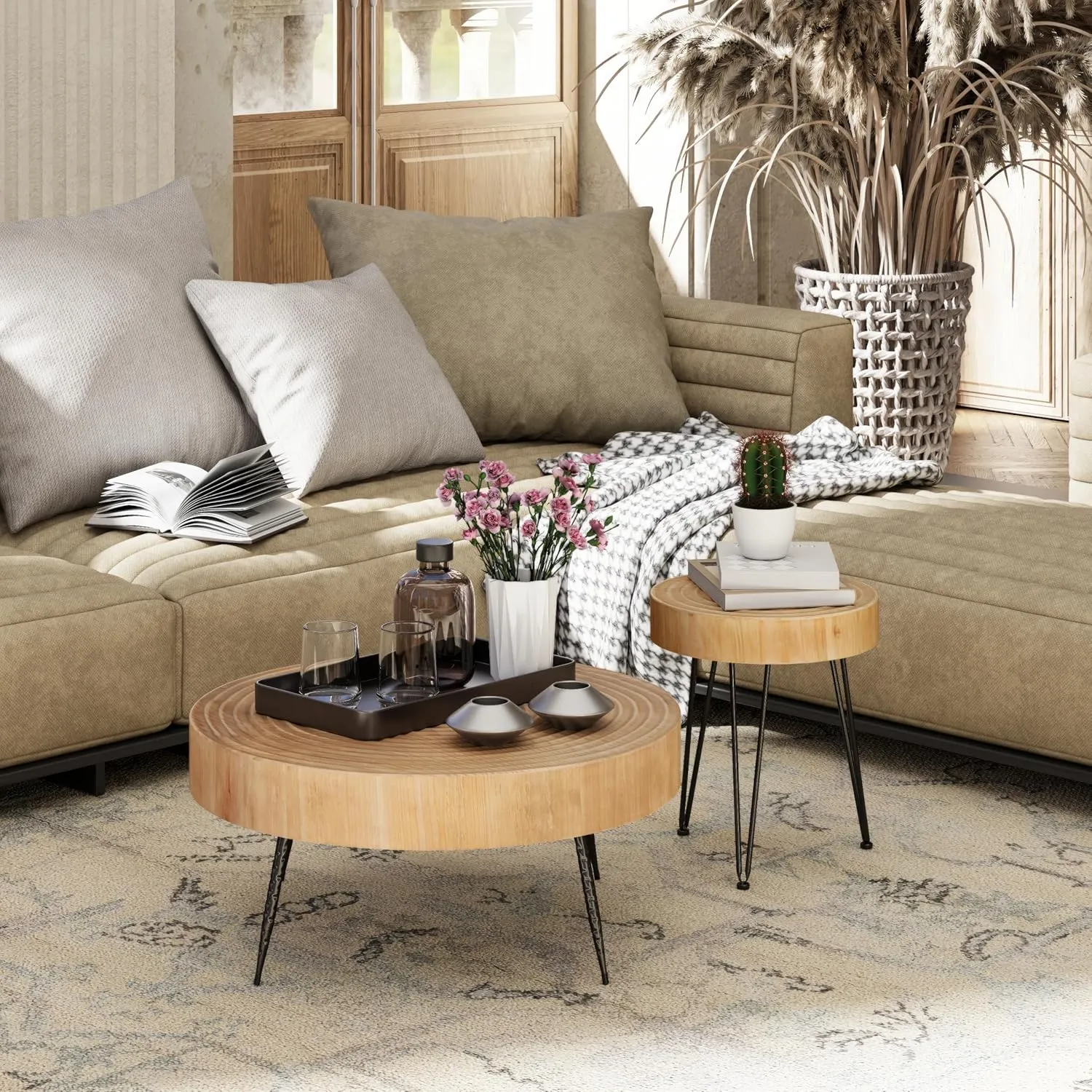 2-Piece Modern Farmhouse Living Room Coffee Table Set, Nesting Table Round Natural Finish with Handcrafted Wood Ring Motif, Wood Color Dark Wood Color