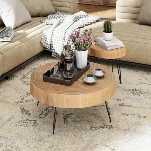 2-Piece Modern Farmhouse Living Room Coffee Table Set, Nesting Table Round Natural Finish with Handcrafted Wood Ring Motif, Wood Color Dark Wood Color