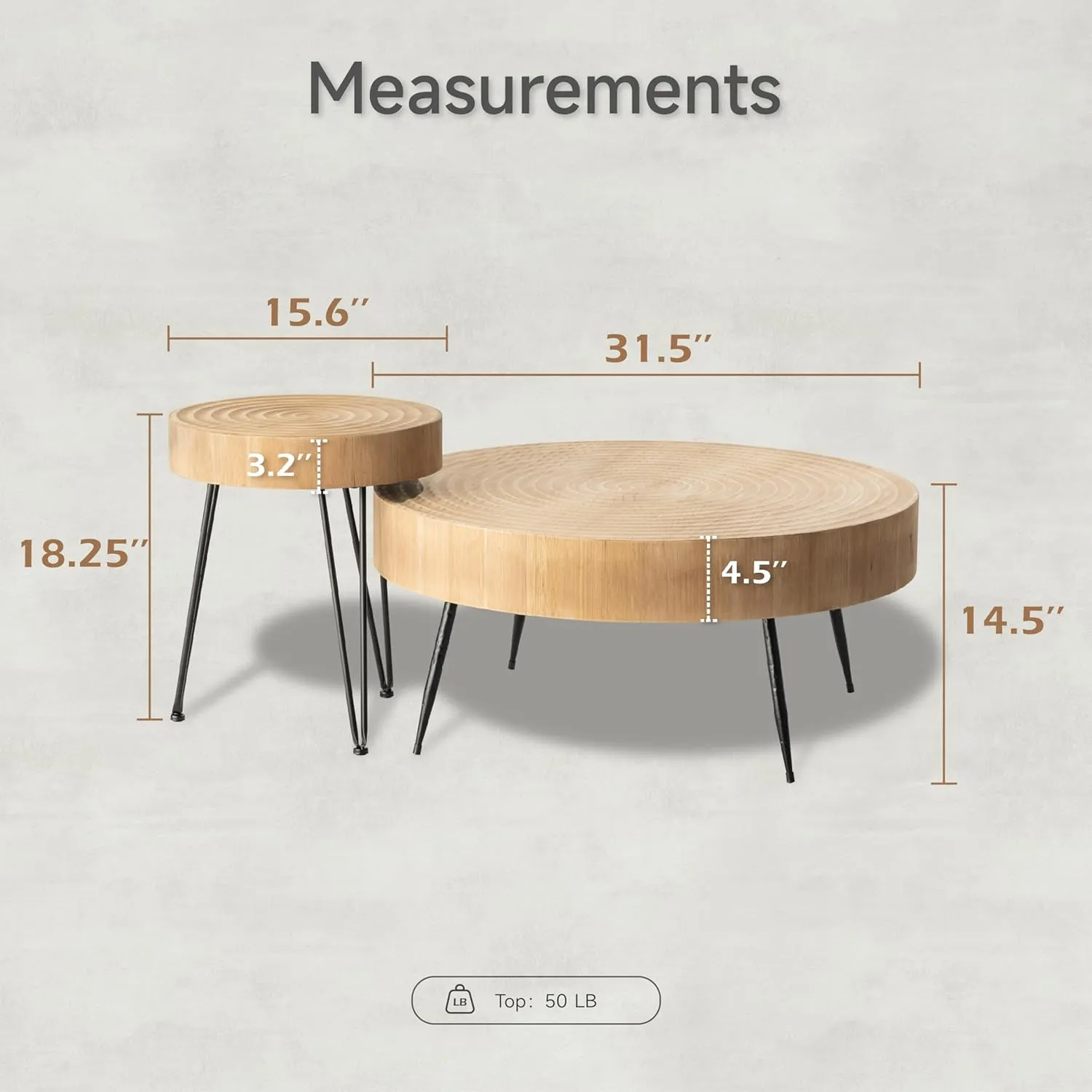 2-Piece Modern Farmhouse Living Room Coffee Table Set, Nesting Table Round Natural Finish with Handcrafted Wood Ring Motif, Wood Color Dark Wood Color