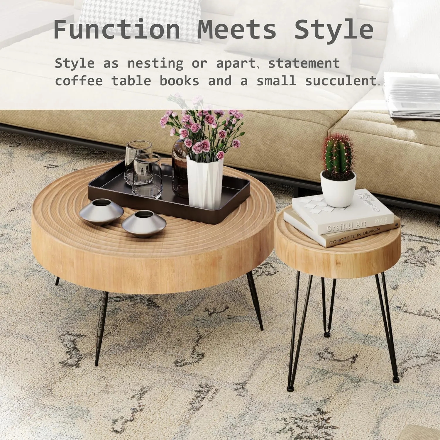 2-Piece Modern Farmhouse Living Room Coffee Table Set, Nesting Table Round Natural Finish with Handcrafted Wood Ring Motif, Wood Color Dark Wood Color