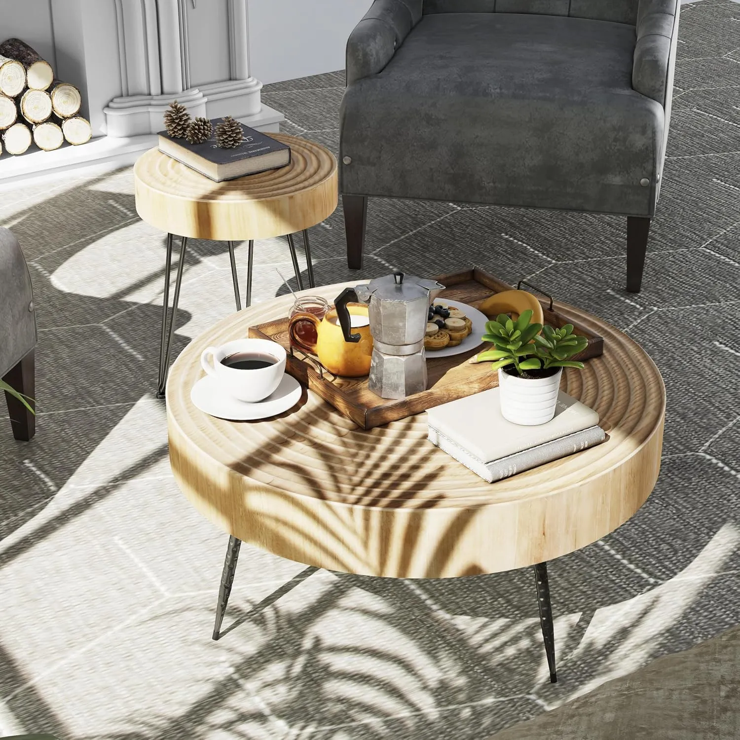2-Piece Modern Farmhouse Living Room Coffee Table Set, Nesting Table Round Natural Finish with Handcrafted Wood Ring Motif, Wood Color Dark Wood Color