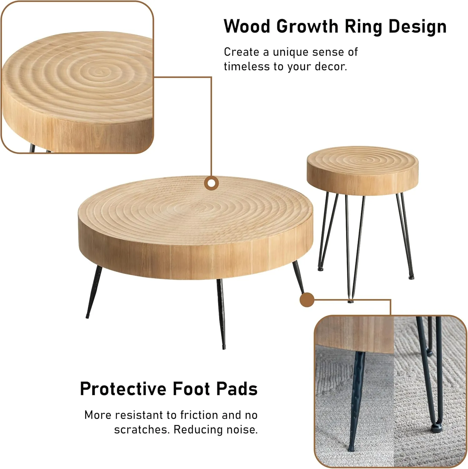 2-Piece Modern Farmhouse Living Room Coffee Table Set, Nesting Table Round Natural Finish with Handcrafted Wood Ring Motif, Wood Color Dark Wood Color