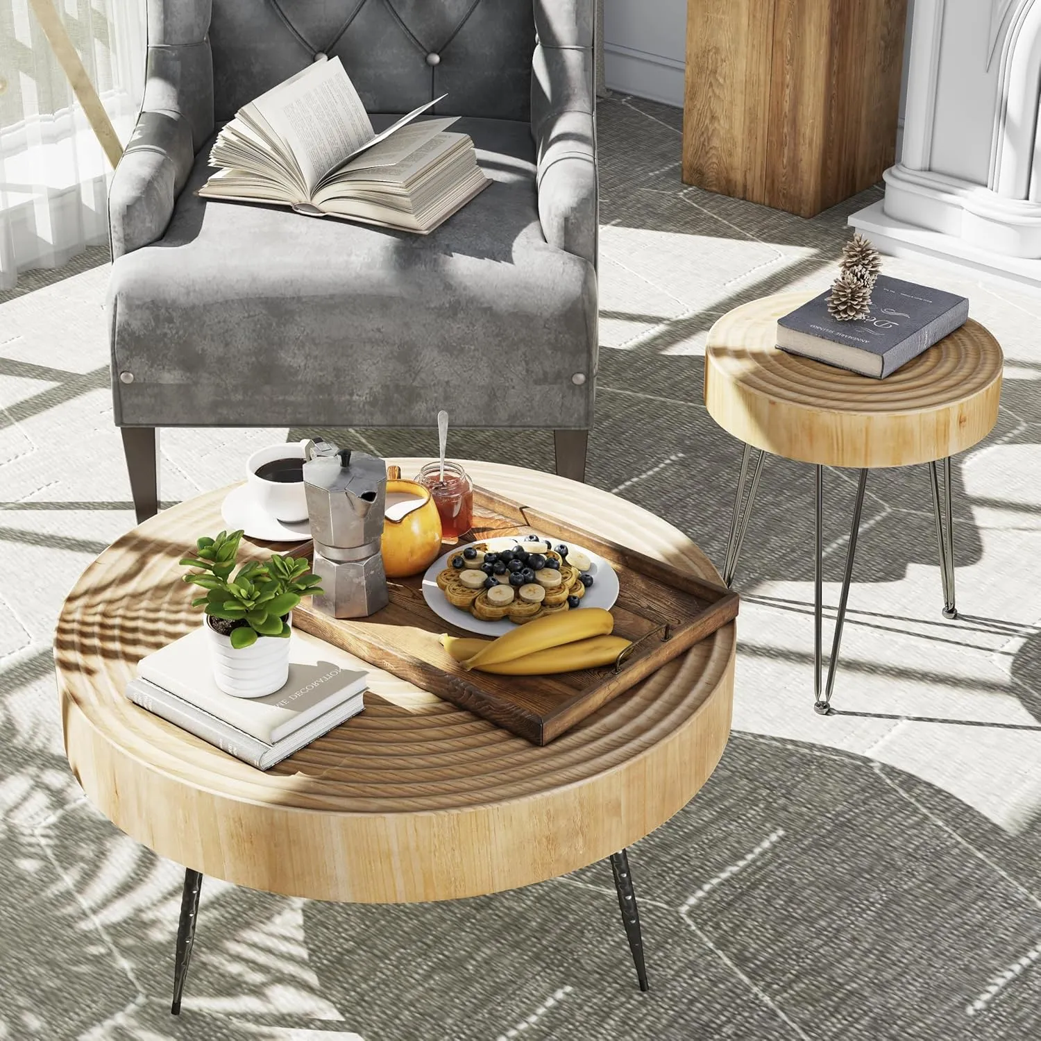 2-Piece Modern Farmhouse Living Room Coffee Table Set, Nesting Table Round Natural Finish with Handcrafted Wood Ring Motif, Wood Color Dark Wood Color