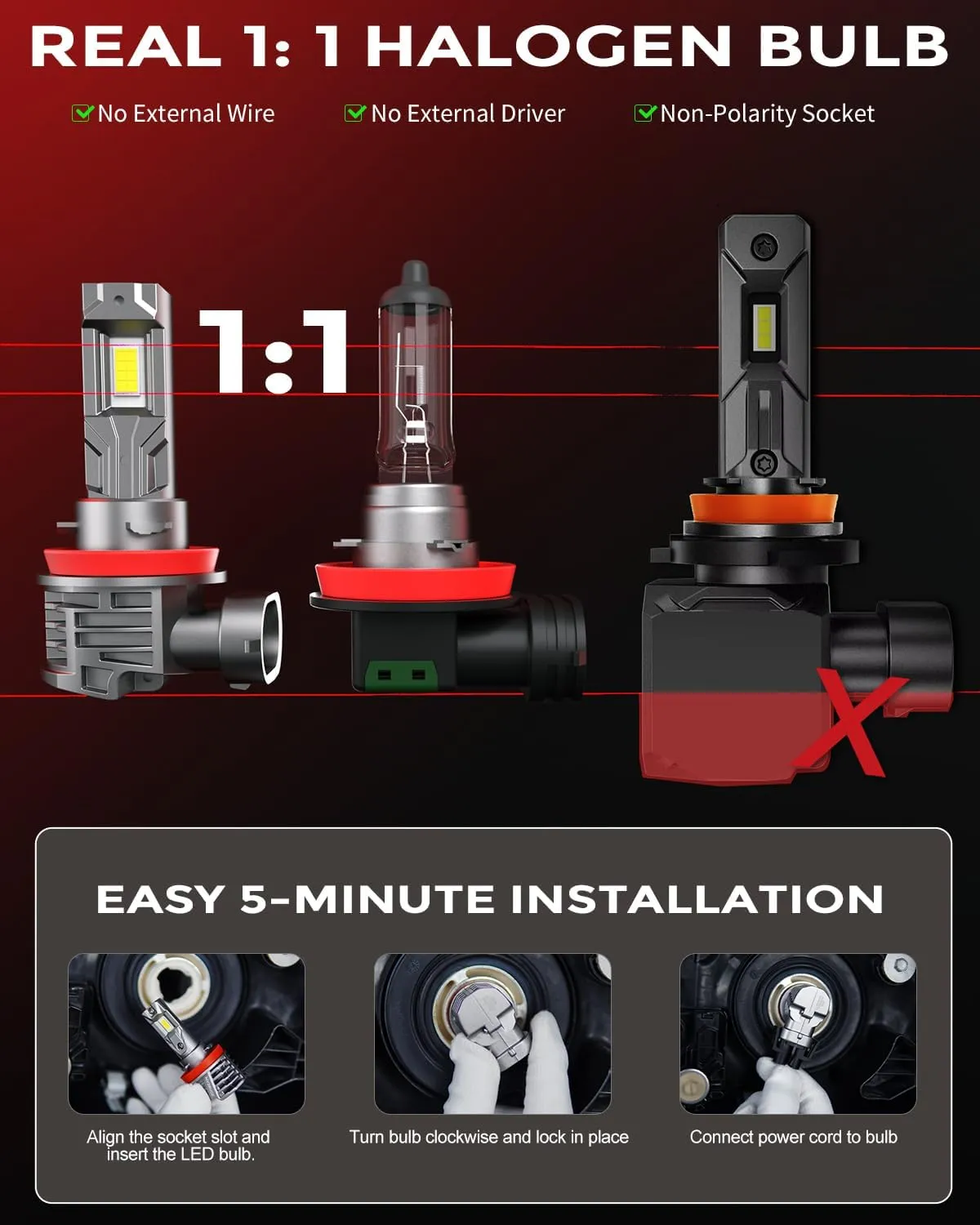 [2025 Upgrade] H11 Bulbs, [Latest & Brightest] 24000lm 800% Brightness Real 1:1 Mini Size Design, H8/H9 Fog Lights Bulbs 6000k Cool White，Pack of 2