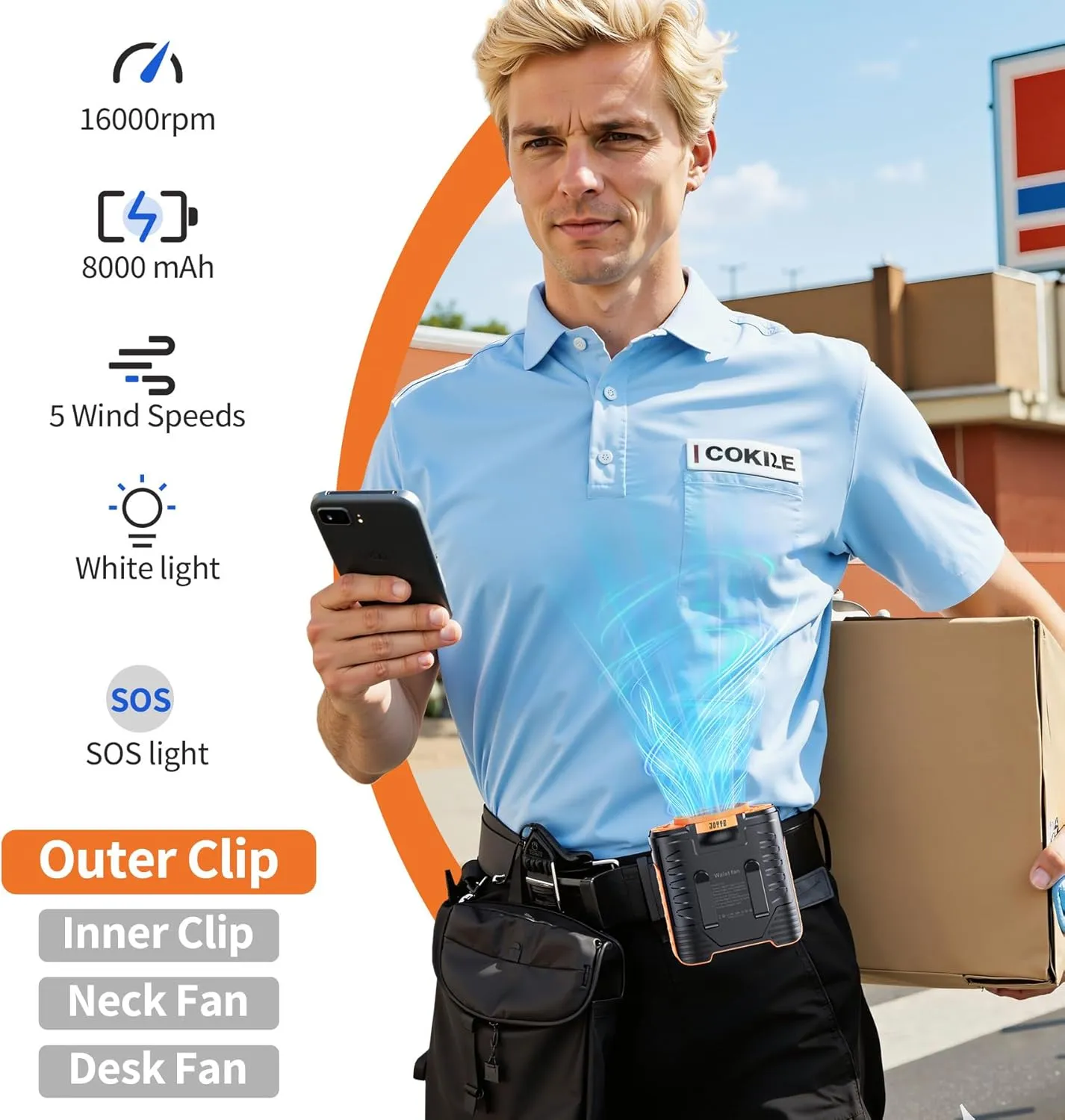 2025 Upgrade Portable Waist Fan Rechargeable Clip on,10000mAh Rechargeable Shirt Fan 18000RPM with LED, 25H Working Time 5-Speed Adjustment for Outdoor Working Camping (Orange)