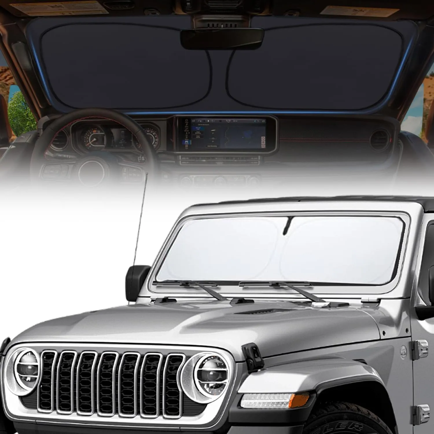 2025 Upgrade Thickened Windshield Sun Shade,Foldable Dashboard Shield Sun Visor for Jeep Wrangler Sahara Rubicon JK JL CJ YJ TJ for UV and Heat Windshield Sunshade with Storage Bag