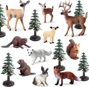 20PCS Plastic Forest Animals Figures, Realistic Woodland Creatures Figurines Miniature Toys Animal Tree Kit Wild Animal Toys Gift for Kids Toddlers, Party Favors Cake Topper Diorama Supplies