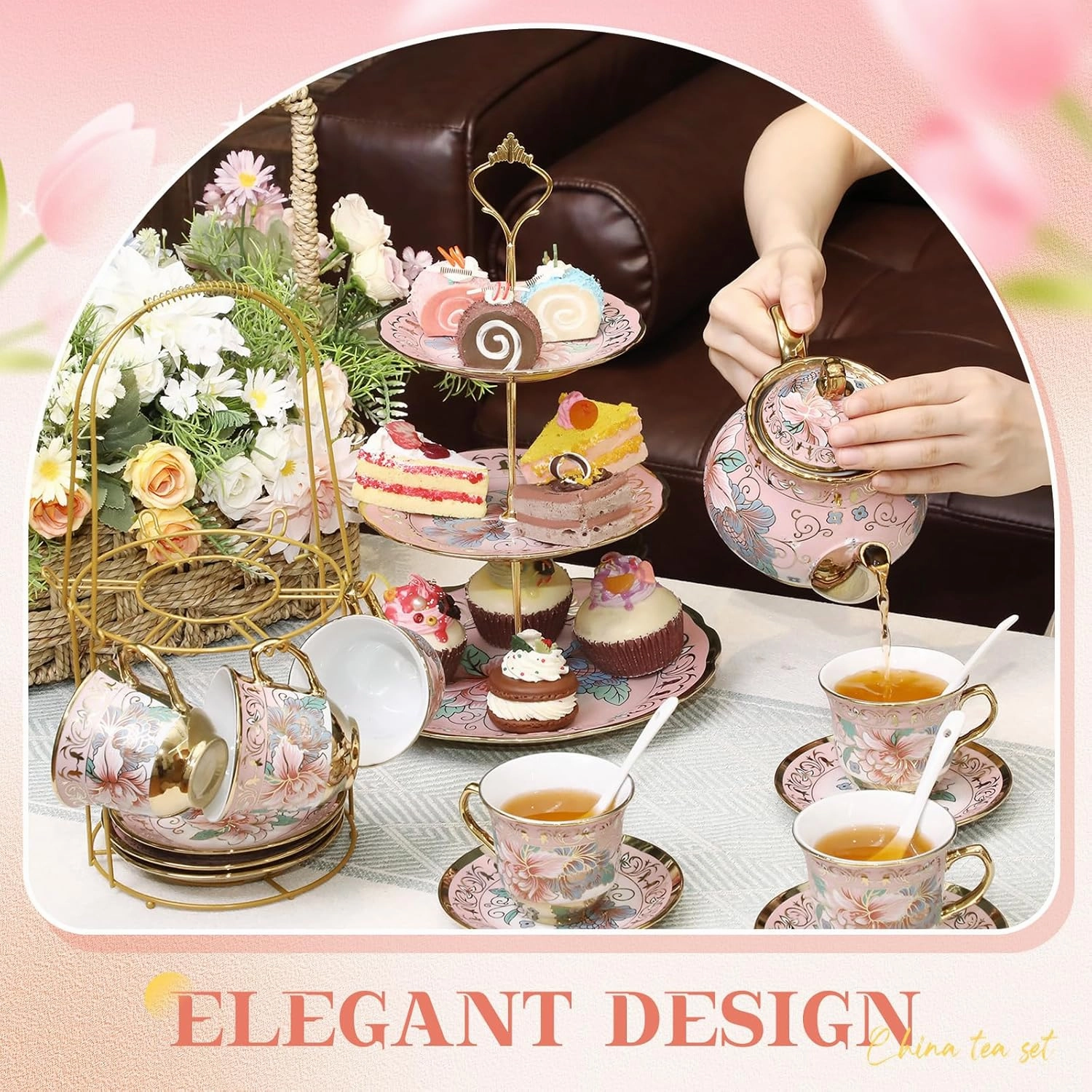 21pcs Porcelain Teapot Parties Set with Metal Holder and Cupcake Stand Ceramic Tea Pot Cups Saucers Cupcake Tier Tower for Women Girls European Parties Weddings Gifts(Pink,Spring)