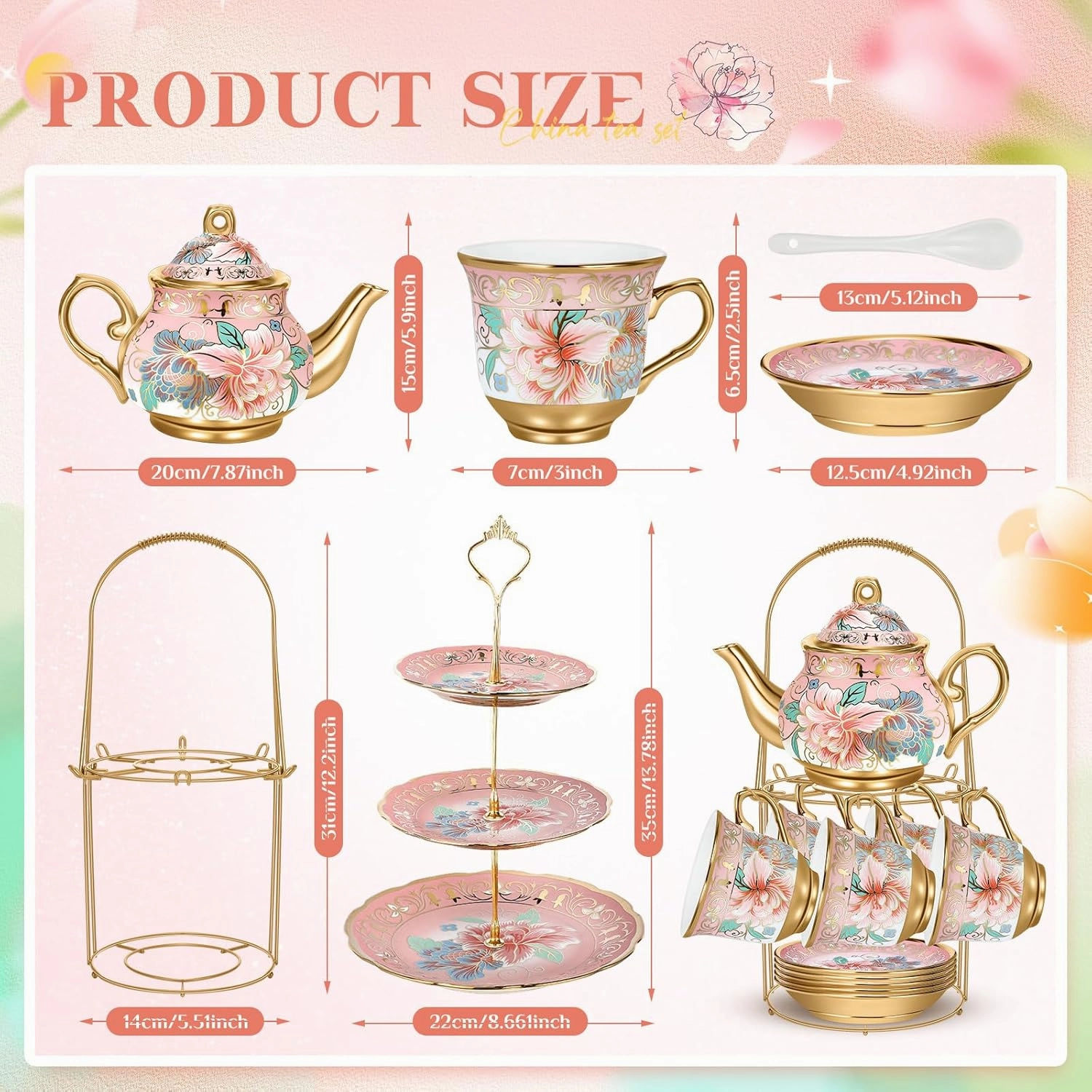 21pcs Porcelain Teapot Parties Set with Metal Holder and Cupcake Stand Ceramic Tea Pot Cups Saucers Cupcake Tier Tower for Women Girls European Parties Weddings Gifts(Pink,Spring)