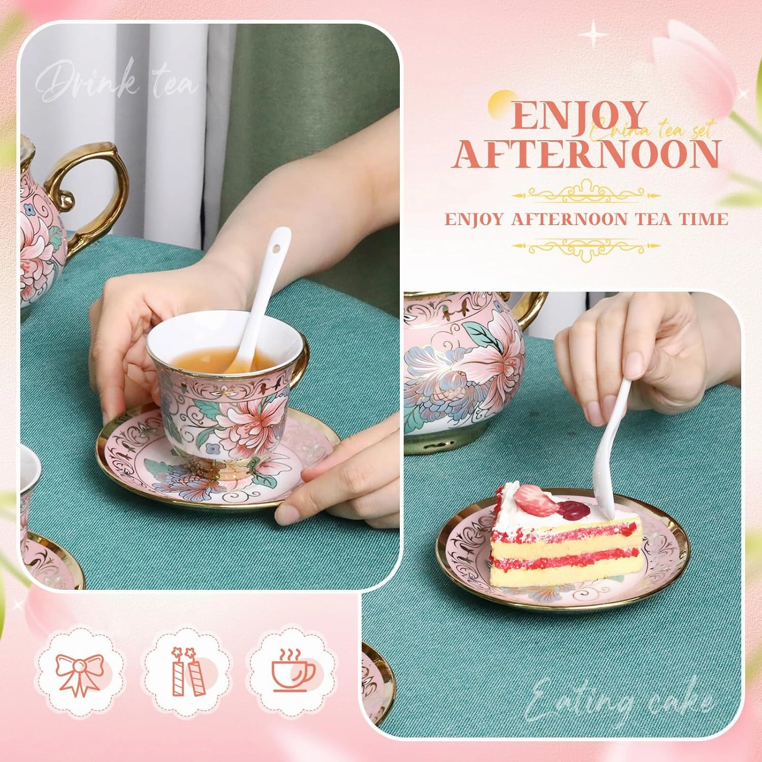 21pcs Porcelain Teapot Parties Set with Metal Holder and Cupcake Stand Ceramic Tea Pot Cups Saucers Cupcake Tier Tower for Women Girls European Parties Weddings Gifts(Pink,Spring)