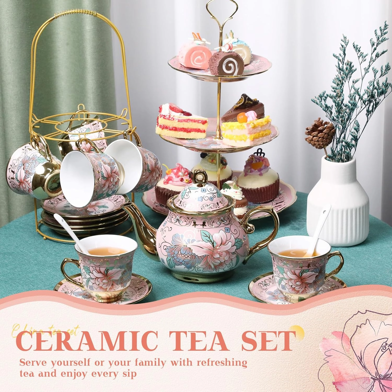 21pcs Porcelain Teapot Parties Set with Metal Holder and Cupcake Stand Ceramic Tea Pot Cups Saucers Cupcake Tier Tower for Women Girls European Parties Weddings Gifts(Pink,Spring)