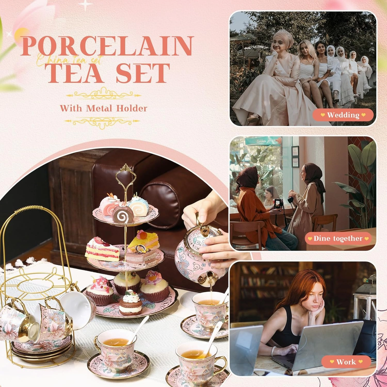 21pcs Porcelain Teapot Parties Set with Metal Holder and Cupcake Stand Ceramic Tea Pot Cups Saucers Cupcake Tier Tower for Women Girls European Parties Weddings Gifts(Pink,Spring)