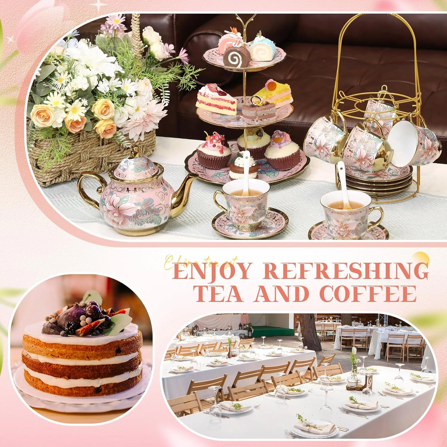 21pcs Porcelain Teapot Parties Set with Metal Holder and Cupcake Stand Ceramic Tea Pot Cups Saucers Cupcake Tier Tower for Women Girls European Parties Weddings Gifts(Pink,Spring)