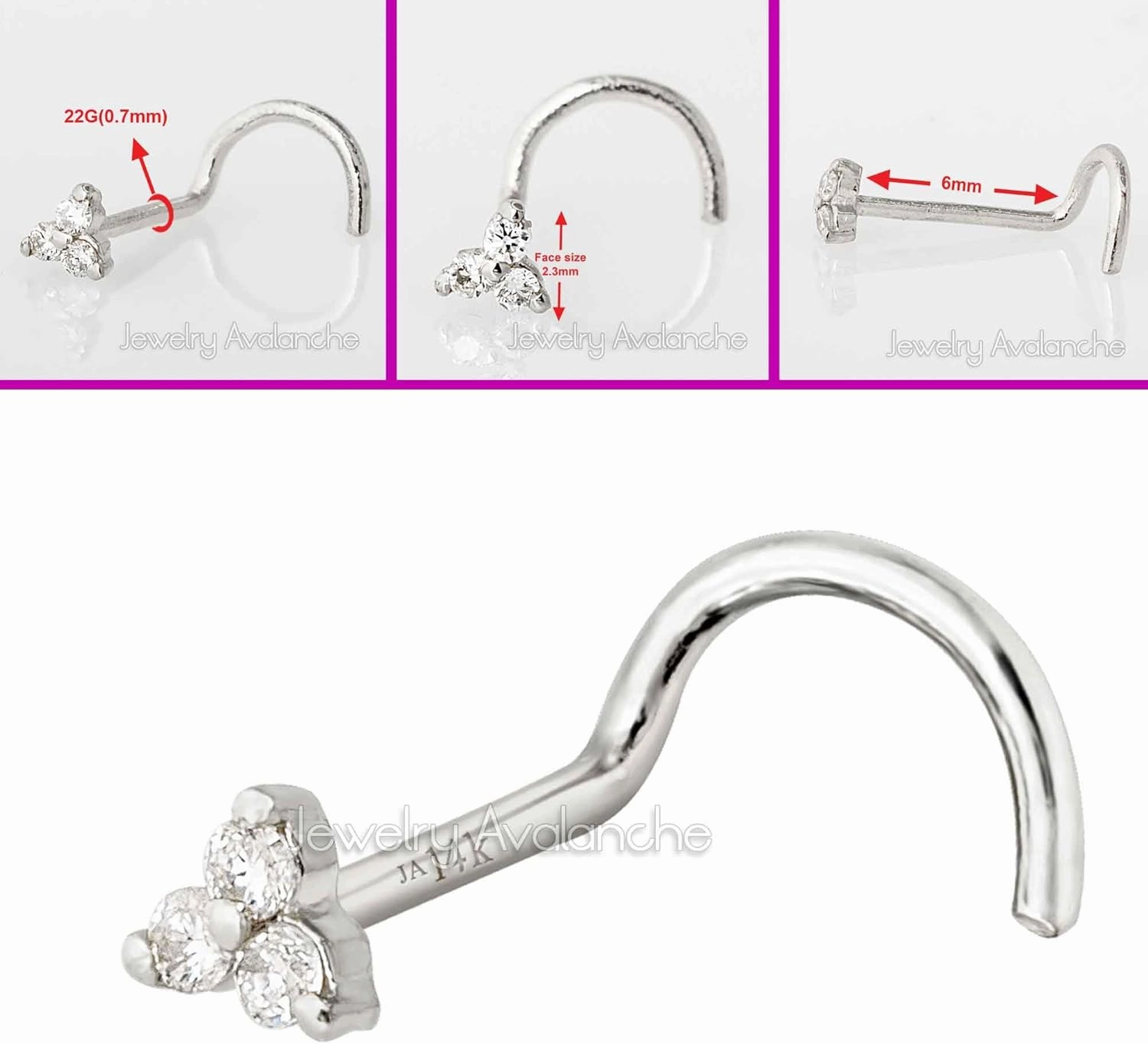 22G Solid 14K Gold 0.015ctw 3-Stone Diamond Nose Stud - Nose Bone/L-Shape/Nose Screw Stud Nose Ring - April Birthstone Nose Stud