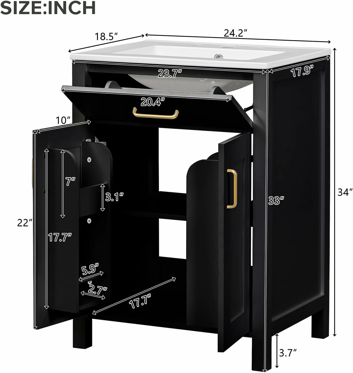 24 Inch Bathroom Vanity with Ceramic Sink, Modern Bathroom Vanity with 2 Soft Close Doors & Tip-Out Drawer Freestanding Bathroom Storage Cabinet with Sink, Solid Wood Frame, Black