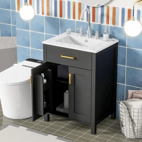 24 Inch Bathroom Vanity with Ceramic Sink, Modern Bathroom Vanity with 2 Soft Close Doors & Tip-Out Drawer Freestanding Bathroom Storage Cabinet with Sink, Solid Wood Frame, Black