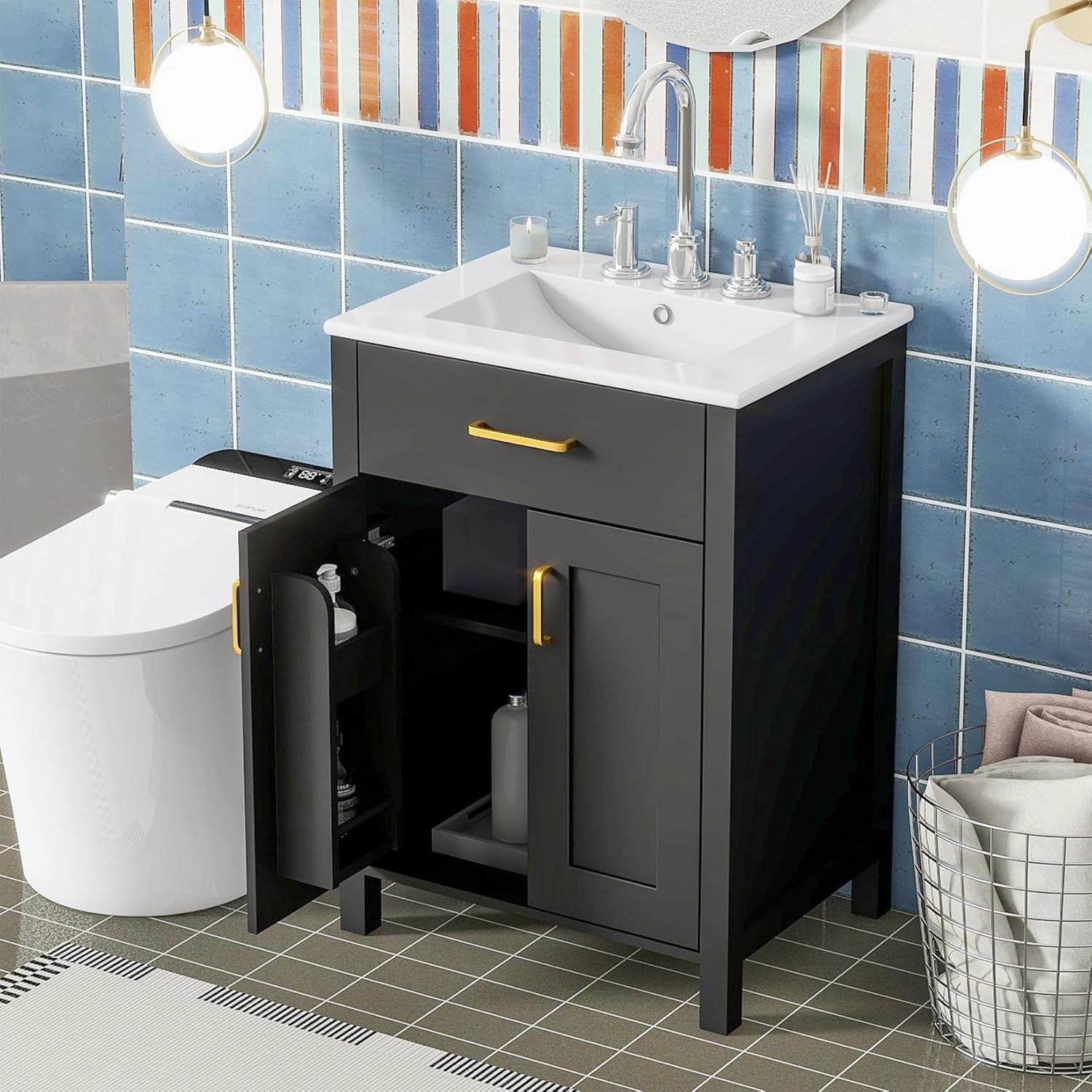 24 Inch Bathroom Vanity with Ceramic Sink, Modern Bathroom Vanity with 2 Soft Close Doors & Tip-Out Drawer Freestanding Bathroom Storage Cabinet with Sink, Solid Wood Frame, Black