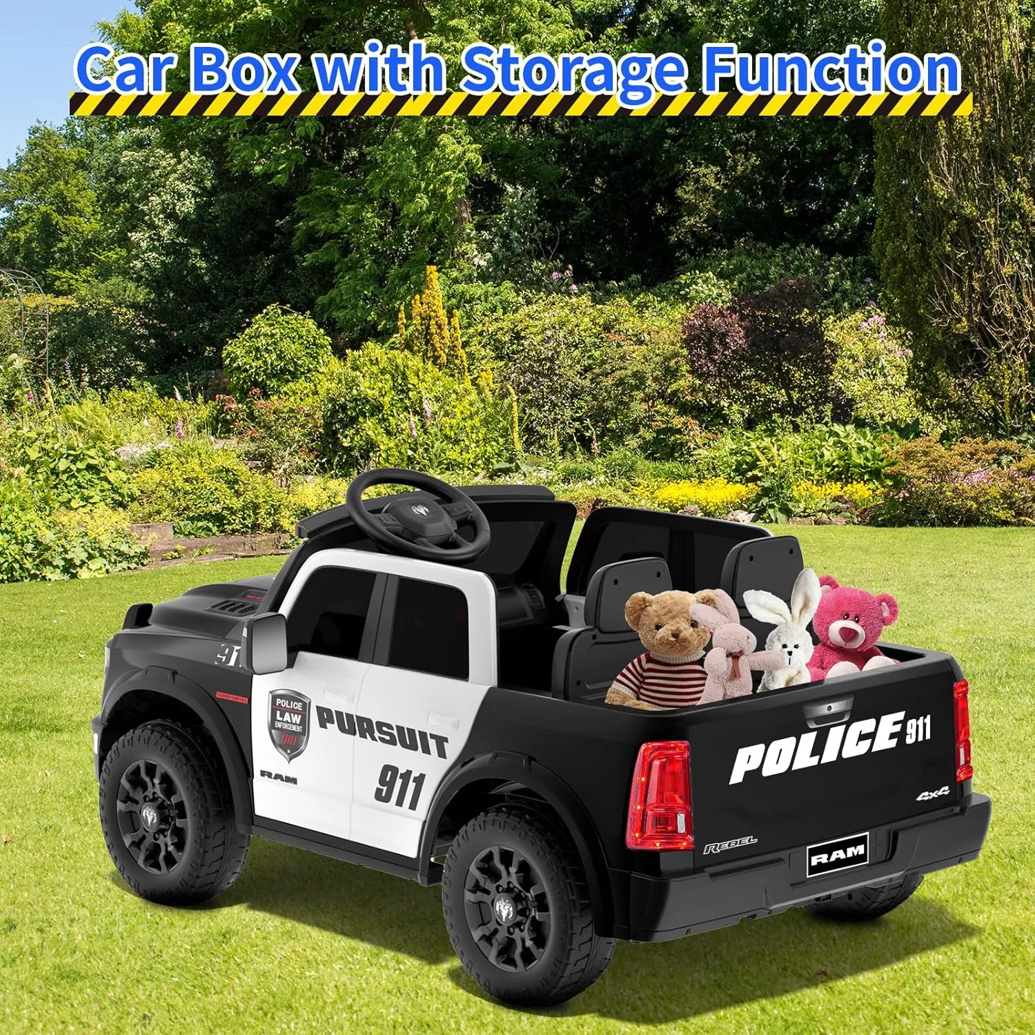 24V 2 Seater Ride on Truck Car for Big Kids 4-8, Licensed Dodge Ram 2500 Police Car Toys,Powered Wheel with Remote Control, Siren, Alarm Lights, Megaphone, 5 Mph Max Speed