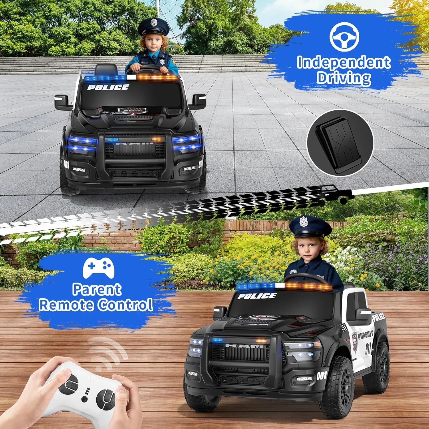 24V 2 Seater Ride on Truck Car for Big Kids 4-8, Licensed Dodge Ram 2500 Police Car Toys,Powered Wheel with Remote Control, Siren, Alarm Lights, Megaphone, 5 Mph Max Speed