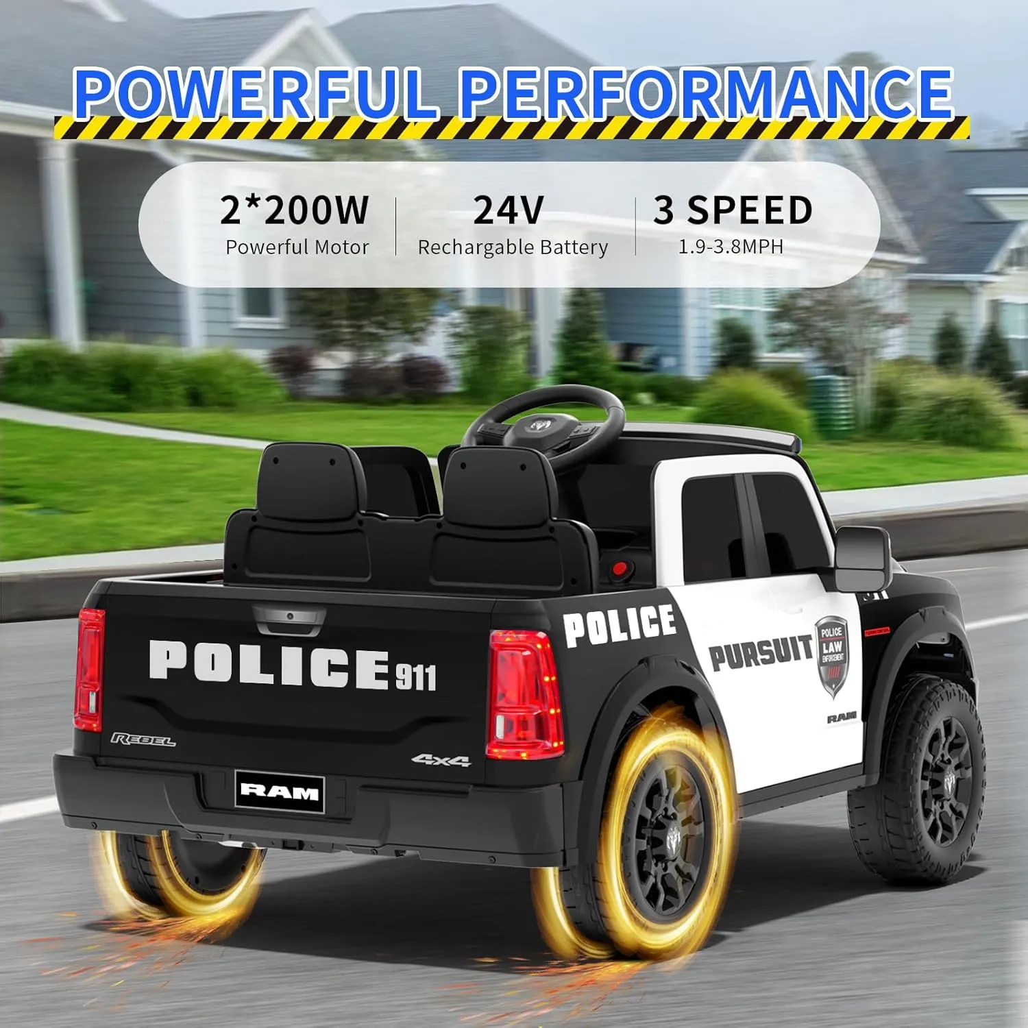 24V 2 Seater Ride on Truck Car for Big Kids 4-8, Licensed Dodge Ram 2500 Police Car Toys,Powered Wheel with Remote Control, Siren, Alarm Lights, Megaphone, 5 Mph Max Speed