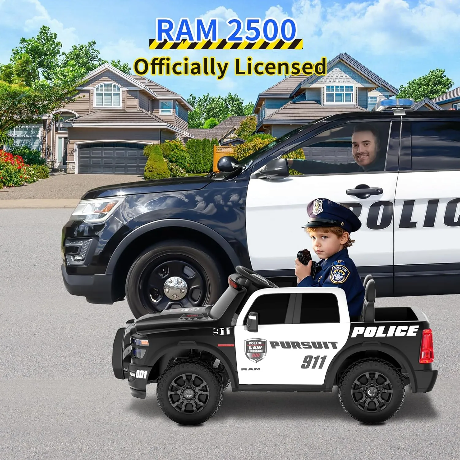 24V 2 Seater Ride on Truck Car for Big Kids 4-8, Licensed Dodge Ram 2500 Police Car Toys,Powered Wheel with Remote Control, Siren, Alarm Lights, Megaphone, 5 Mph Max Speed